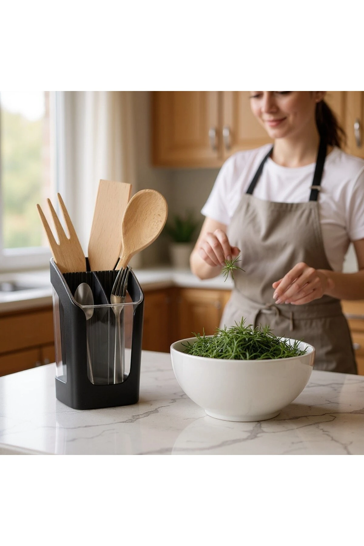 3 Bölmeli Tezgah Üstü Kaşıklık - Çıkarılabilir Bölmeli Kaşık Bıçak Standı Mutfak Organizer S