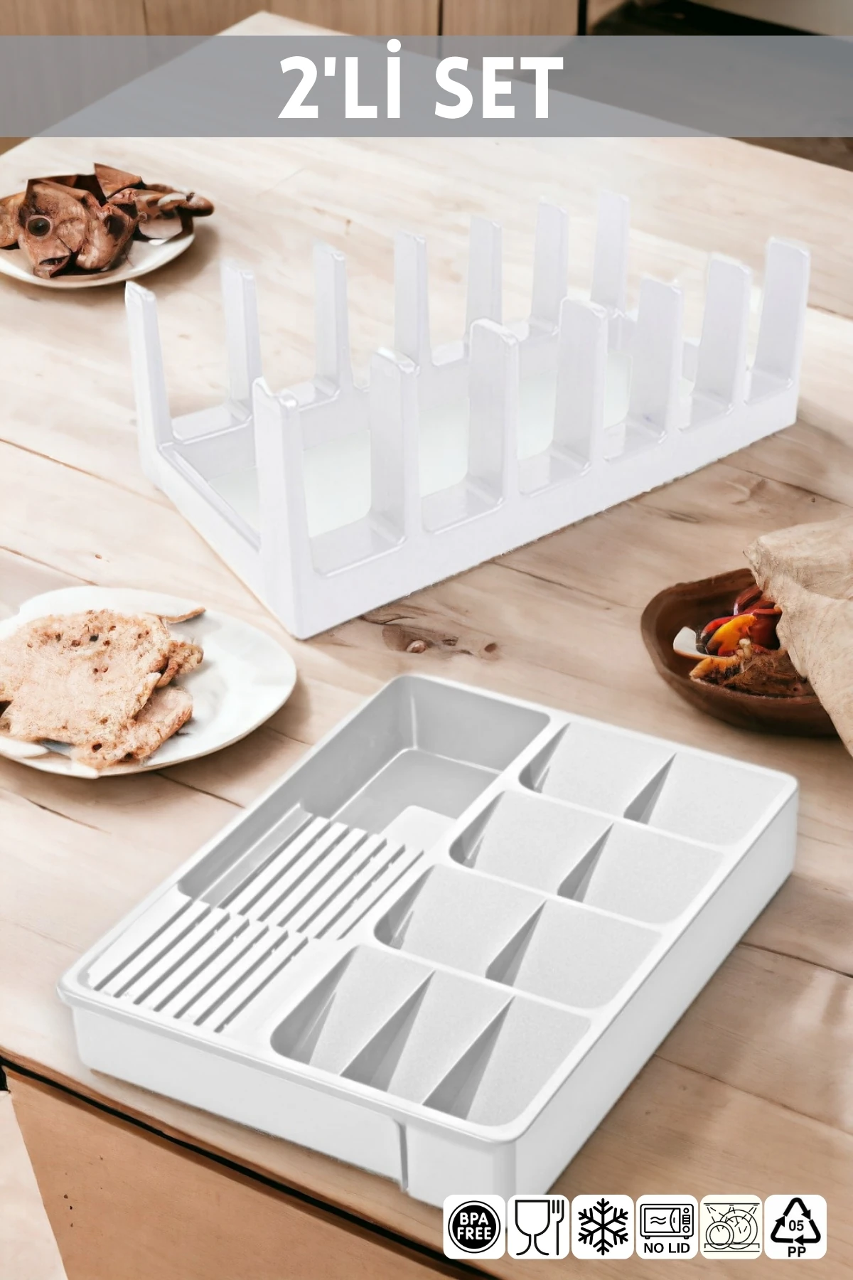 2'li Mutfak Seti Beyaz Kaşıklık - Tencere Kapak Düzenleyici