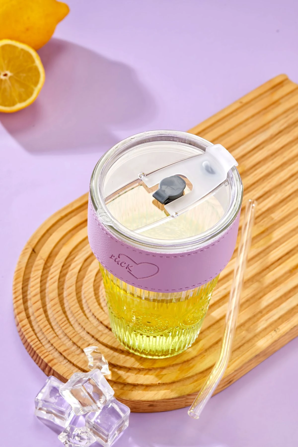 Cam Pipetli, Sızdırmaz Kapaklı -Mor Şeritli Cam Bardak