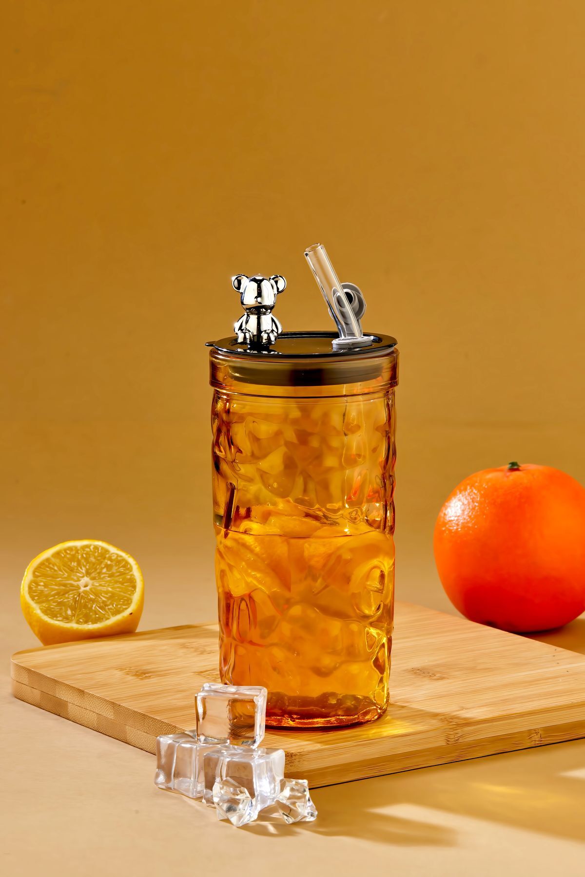 Ayıcık Figürlü Cam Pipetli Meşrubat Bardağı Turuncu 420 ML