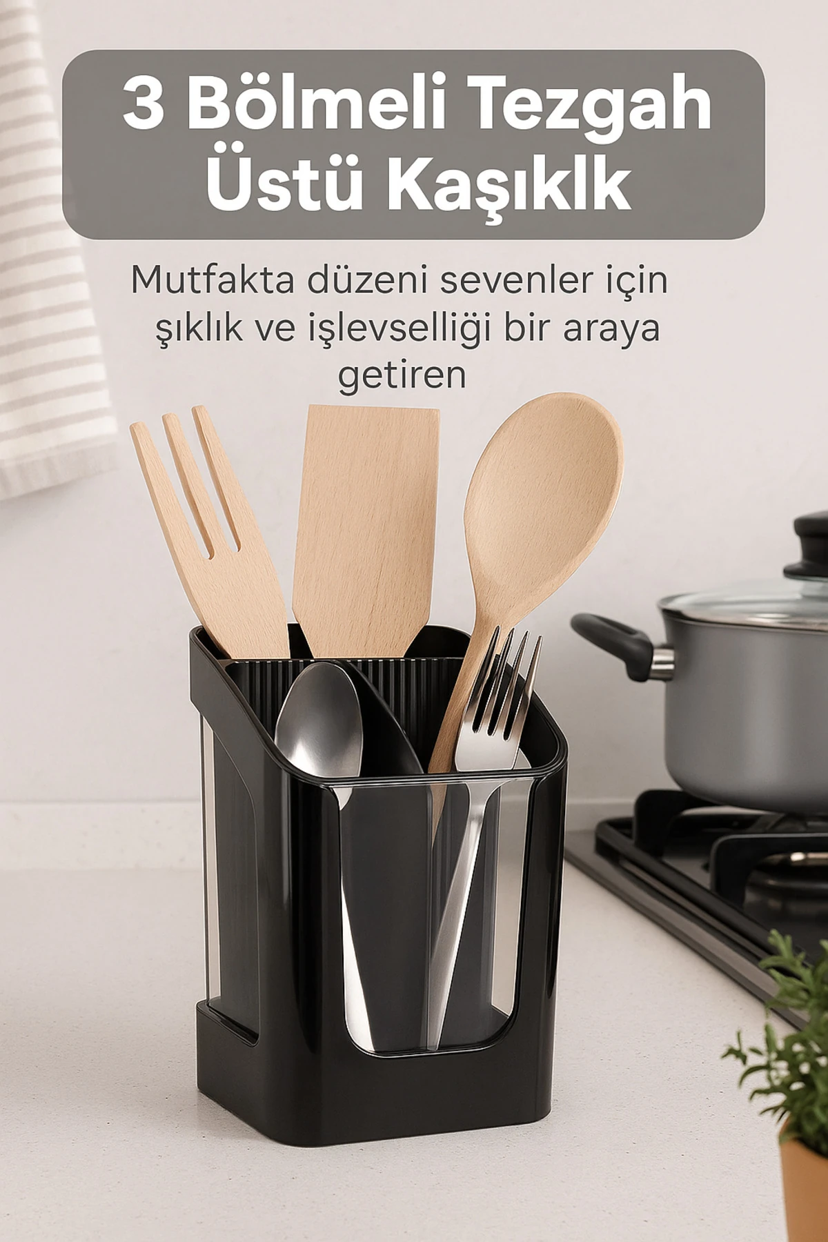 3 Bölmeli Tezgah Üstü Kaşıklık - Çıkarılabilir Bölmeli Kaşık Bıçak Standı Mutfak Organizer S