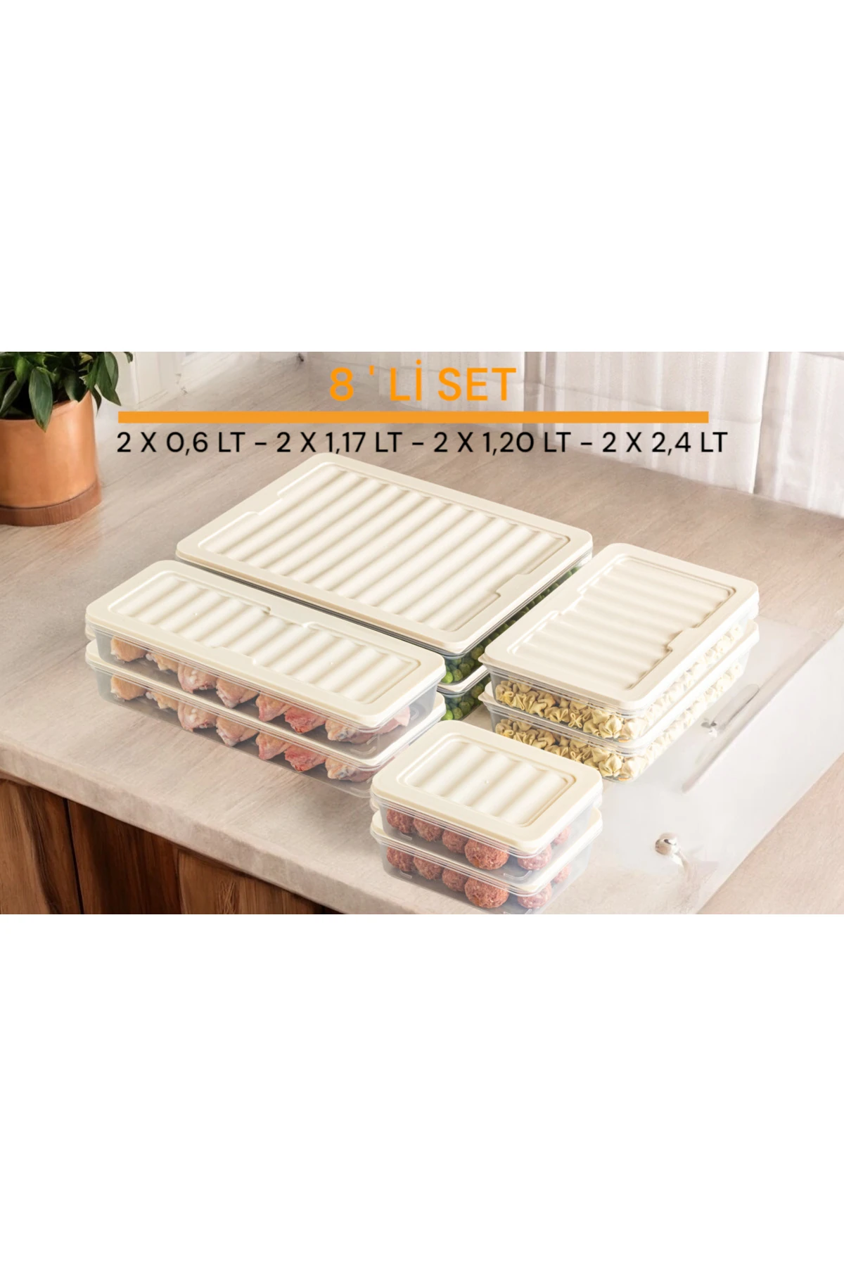 8'Li Set Freshbox Mikrodalga ve Difrize Uygun Saklama Kabı Krem