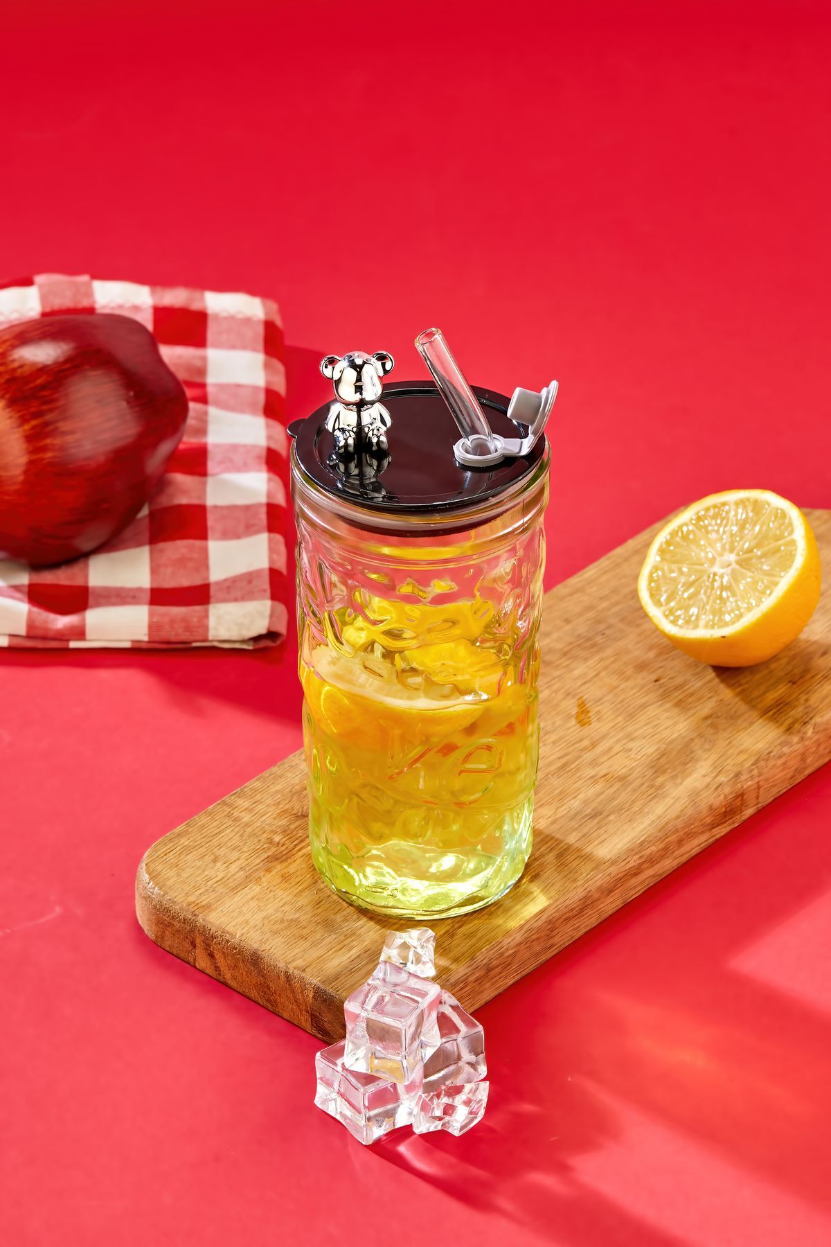 Ayıcık Figürlü Cam Pipetli Meşrubat Bardağı Şeffaf 420 ML