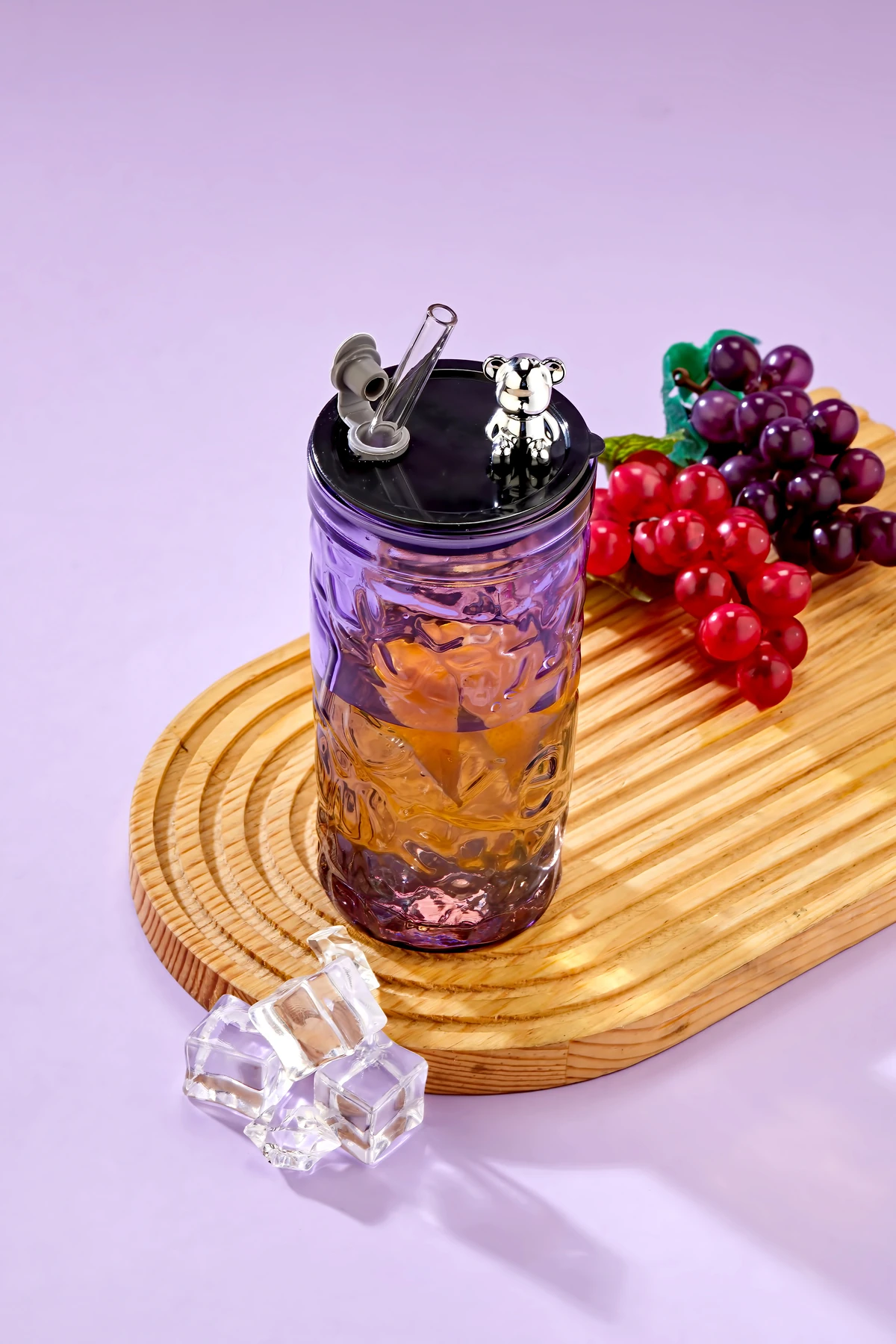 Ayıcık Figürlü - Meşrubat / Cam Bardak / 420 ml / Cam Pipet Hediyeli / Mor - Tekli