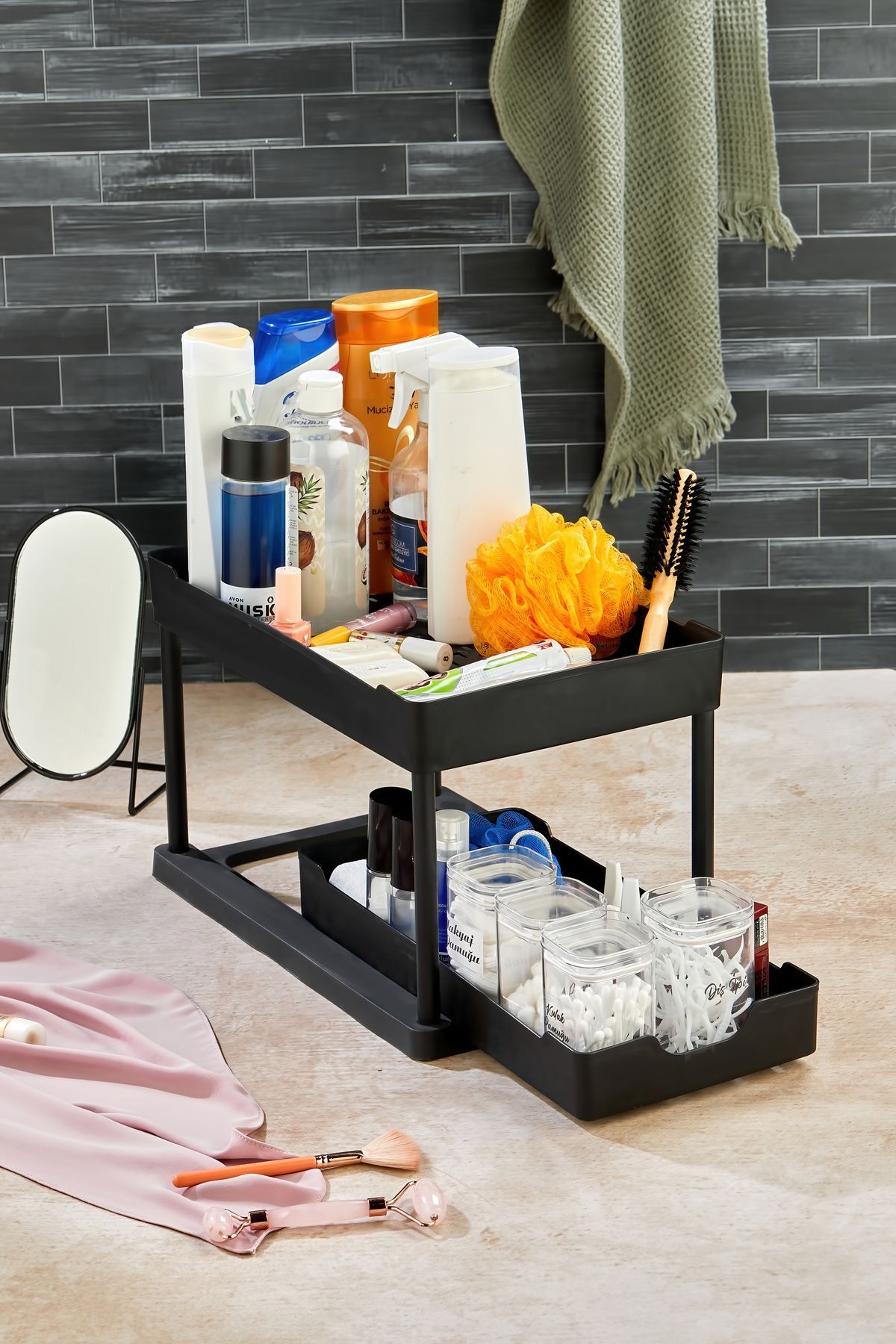 2 Katlı Çok Amaçlı Evye Altı Düzenleyici Siyah