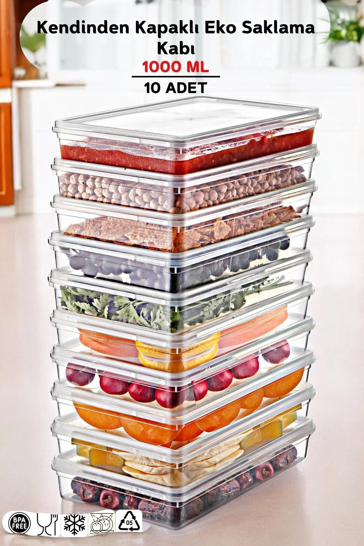 10 Adet Kendinden Kapaklı Derin Dondurucuya Uygun Saklama Kabı 1 Lt