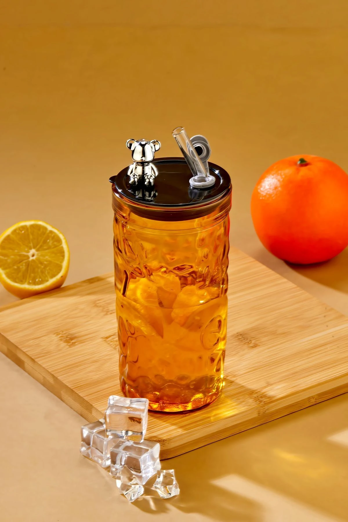 Ayıcık Figürlü Cam Pipetli Meşrubat Bardağı Turuncu 420 ML