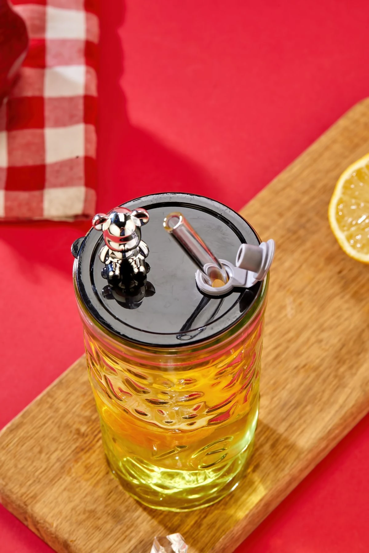 Ayıcık Figürlü Cam Pipetli Meşrubat Bardağı Şeffaf 420 ML