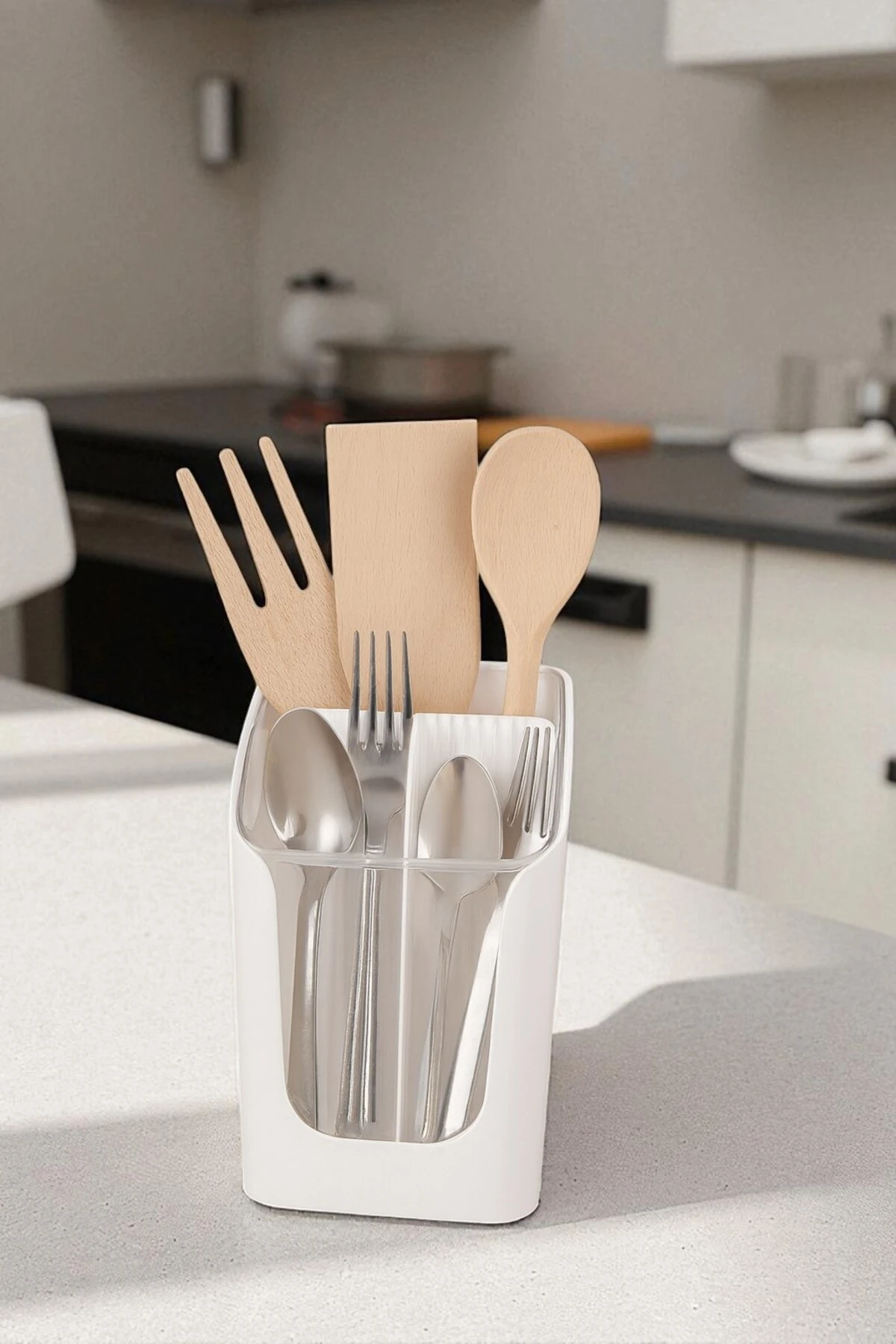 3 Bölmeli Tezgah Üstü Kaşıklık - Çıkarılabilir Bölmeli Kaşık Bıçak Standı Mutfak Organizer B