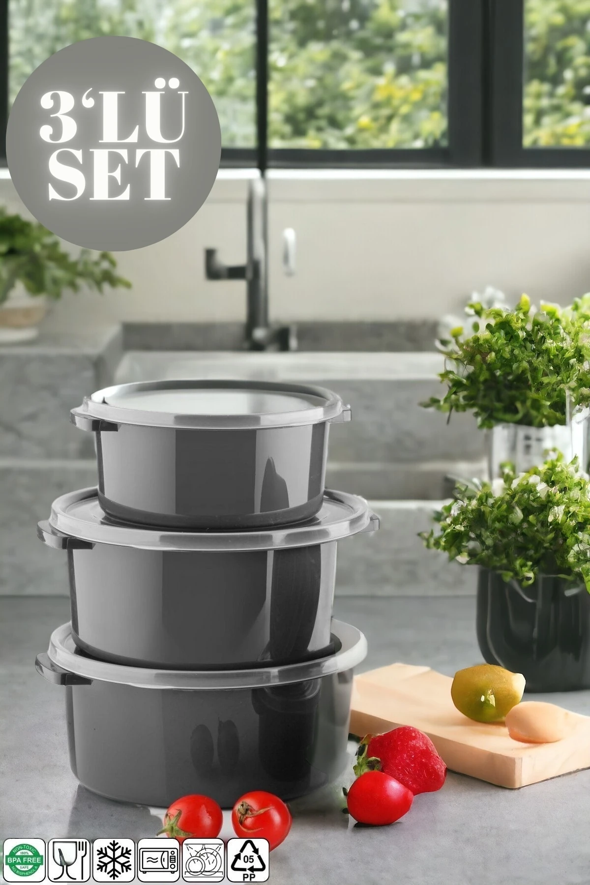 Mikrodalga Ve Difrizde Kullanılabilen Saklama Kabı Seti Yuvarlak 3'lü Antrasit