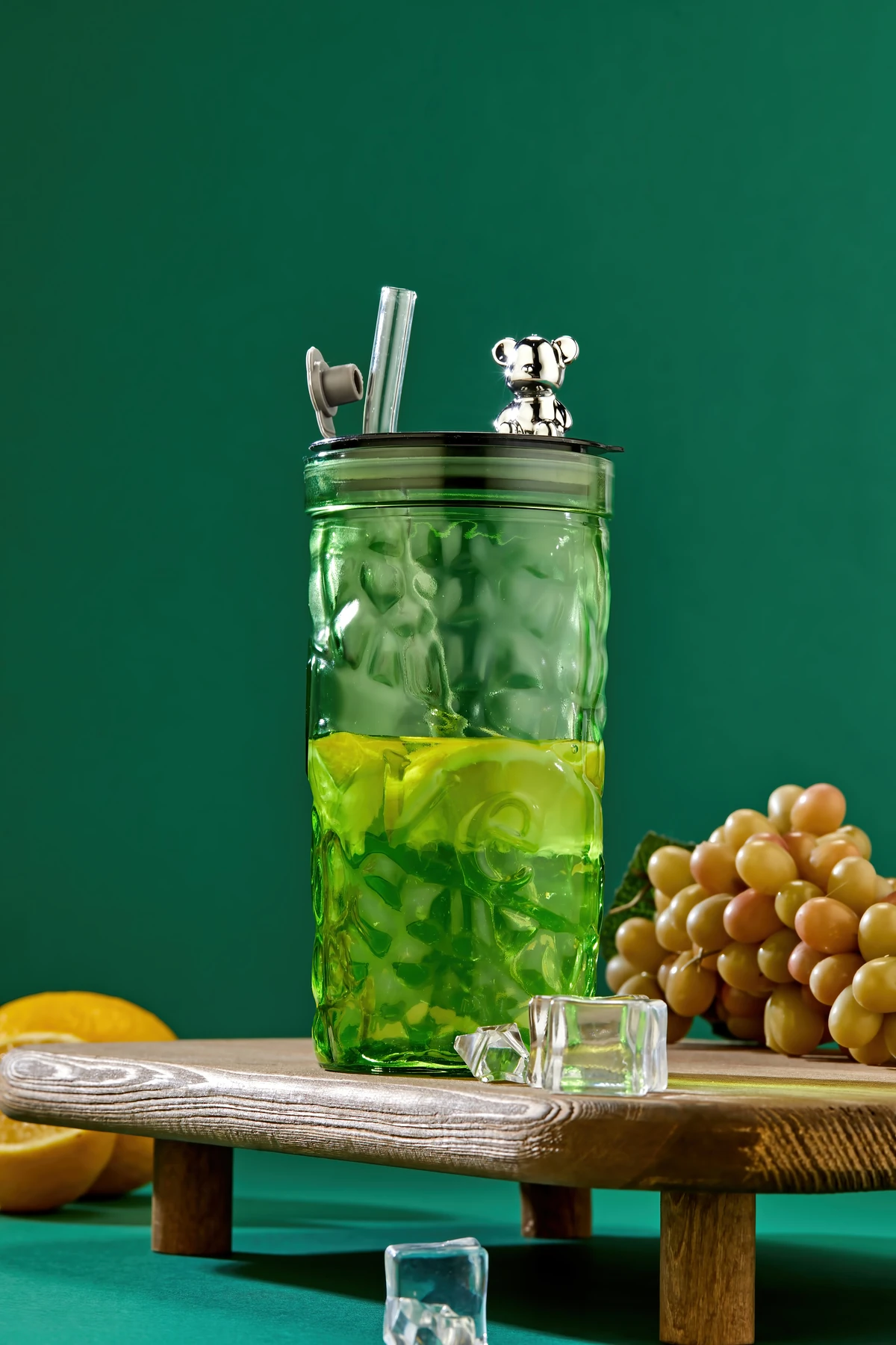 Ayıcık Figürlü - Meşrubat / Cam Bardak / 420 ml / Cam Pipet Hediyeli / Yeşil - Tekli