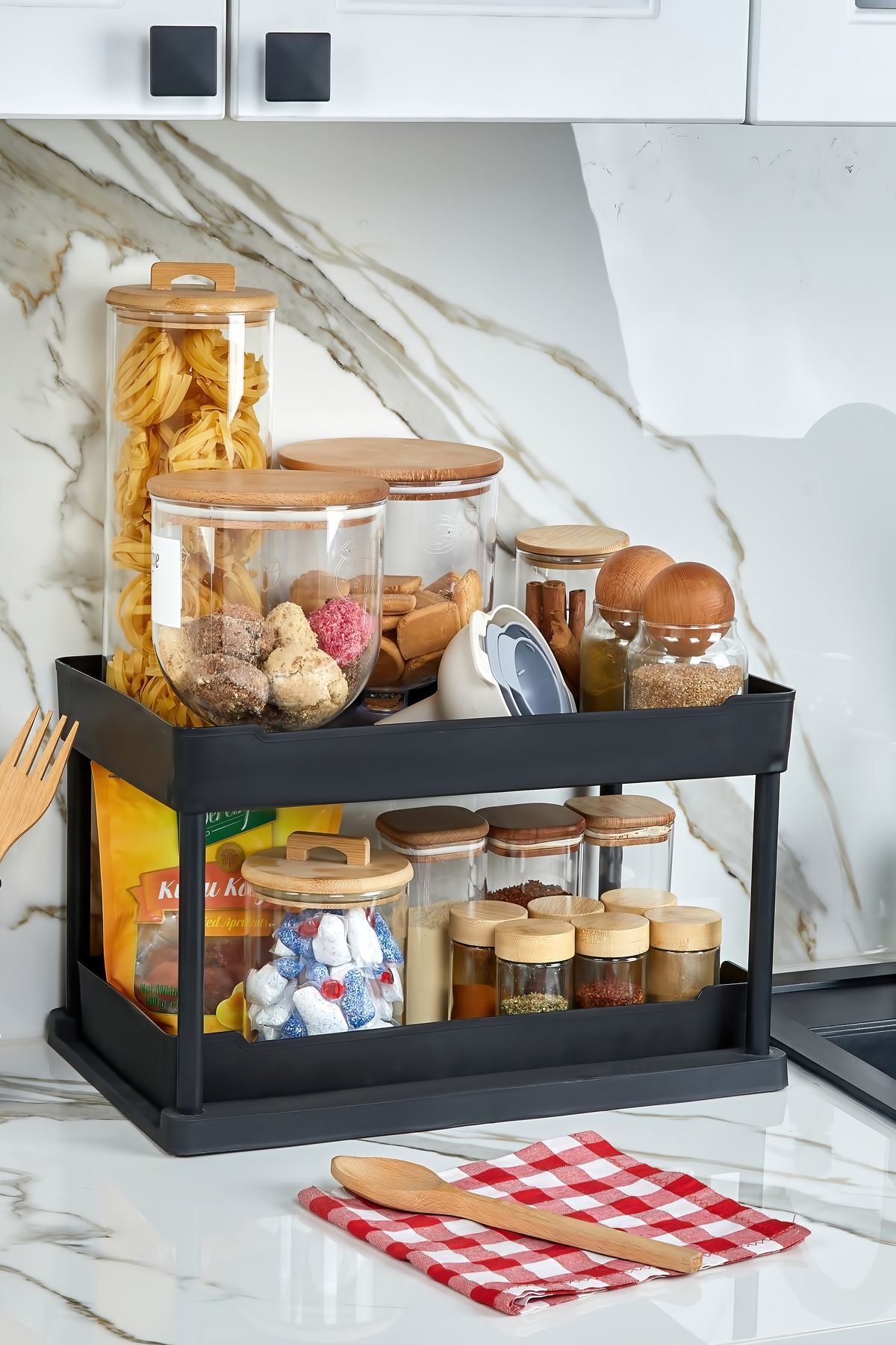 2 Katlı Çok Amaçlı Evye Altı Düzenleyici Siyah