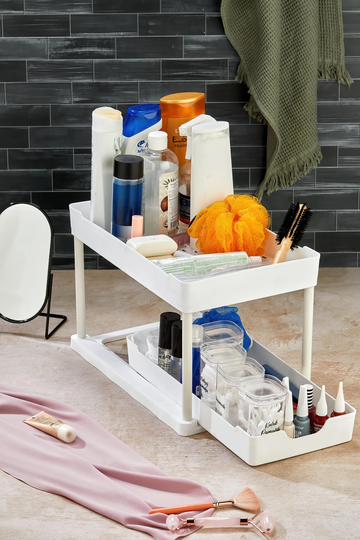 2 Katlı Çok Amaçlı Evye Altı Düzenleyici Beyaz