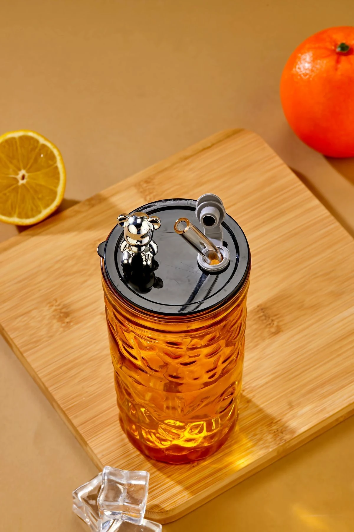 Ayıcık Figürlü Cam Pipetli Meşrubat Bardağı Turuncu 420 ML