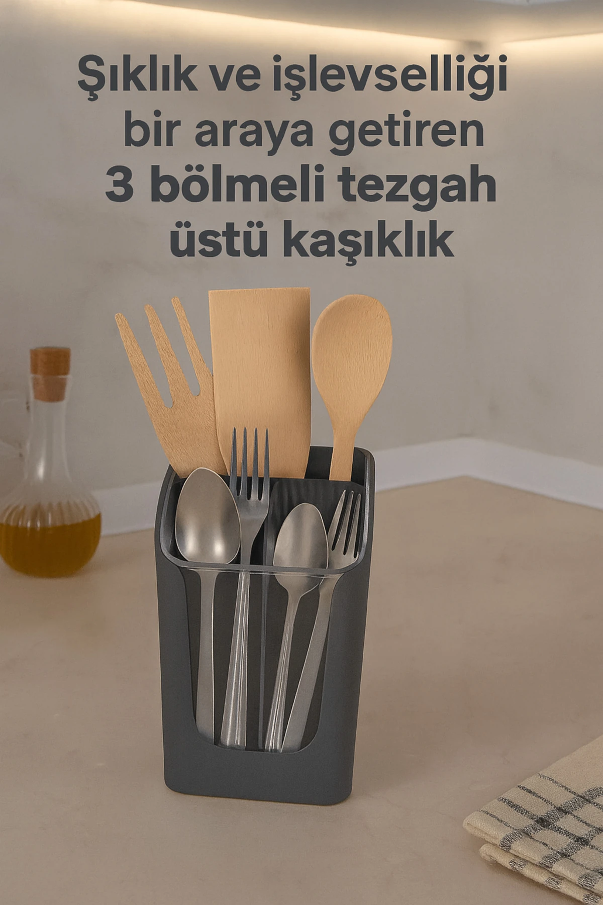 3 Bölmeli Tezgah Üstü Kaşıklık Bölmeli Kaşık Bıçak Standı Mutfak Organizer Antrasit