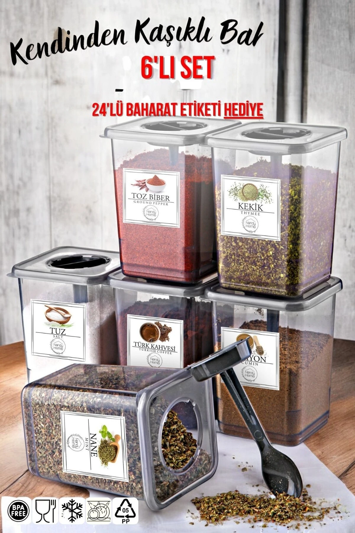 6'lı Kendinden Kaşıklı Baharatlık Seti