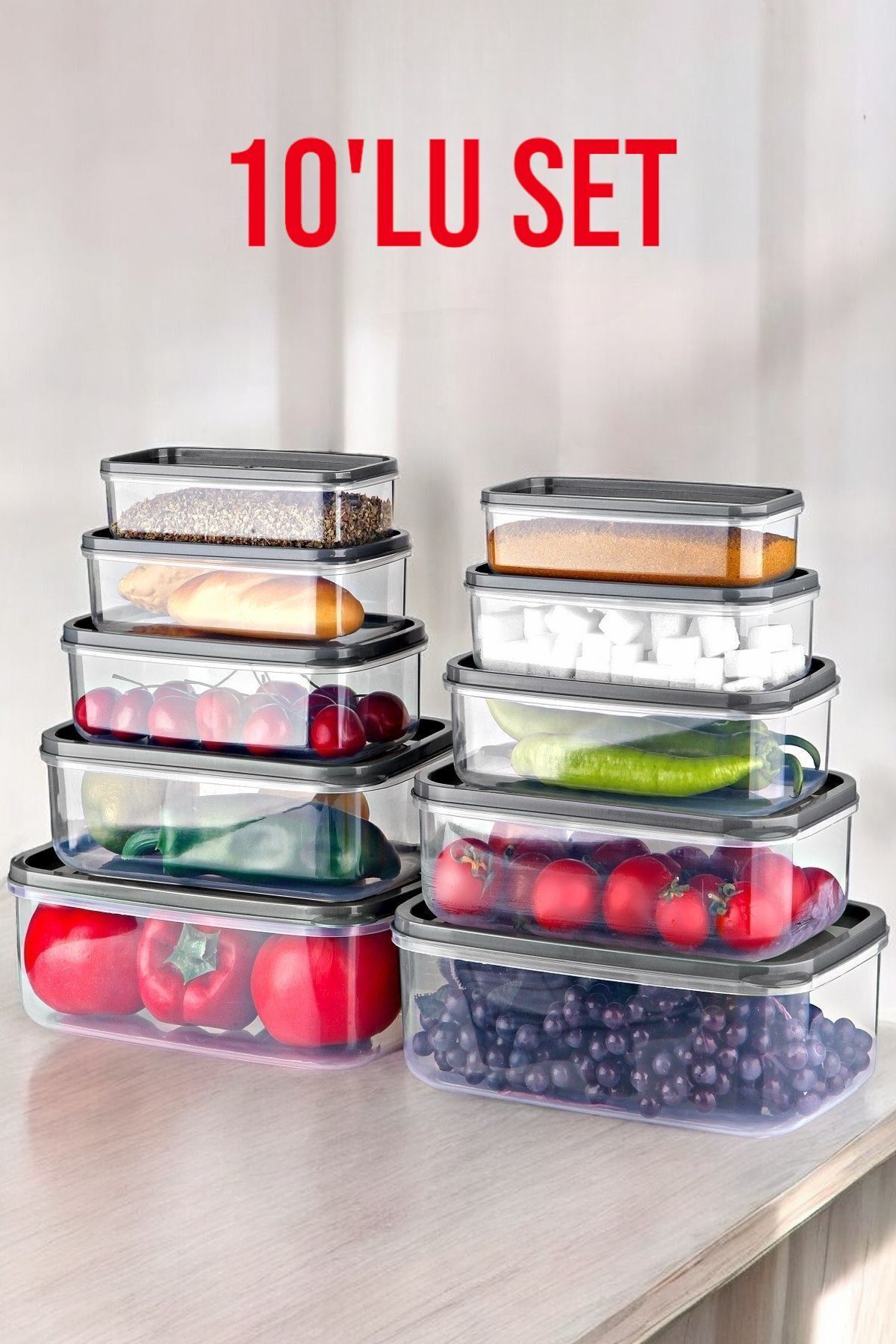 10'lu Set Embox Dikdörtgen Erzak, Gıda Saklama Kabı Antrasit