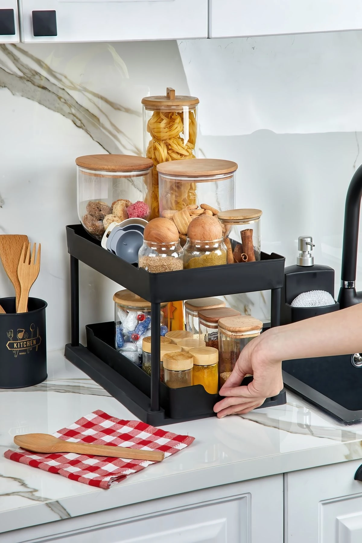 2 Katlı Çok Amaçlı Evye Altı Düzenleyici Siyah