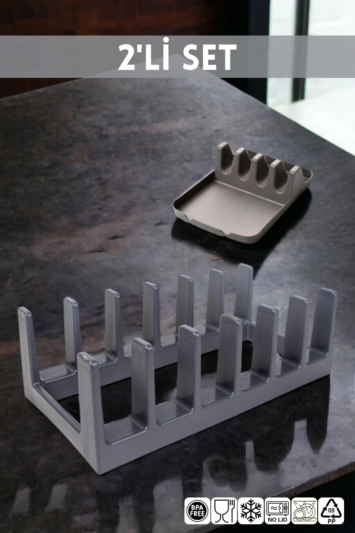 2'li Mutfak Seti Antrasit Tencere Kapak Düzenleyici Ve Kepçe Tutma Aparatı