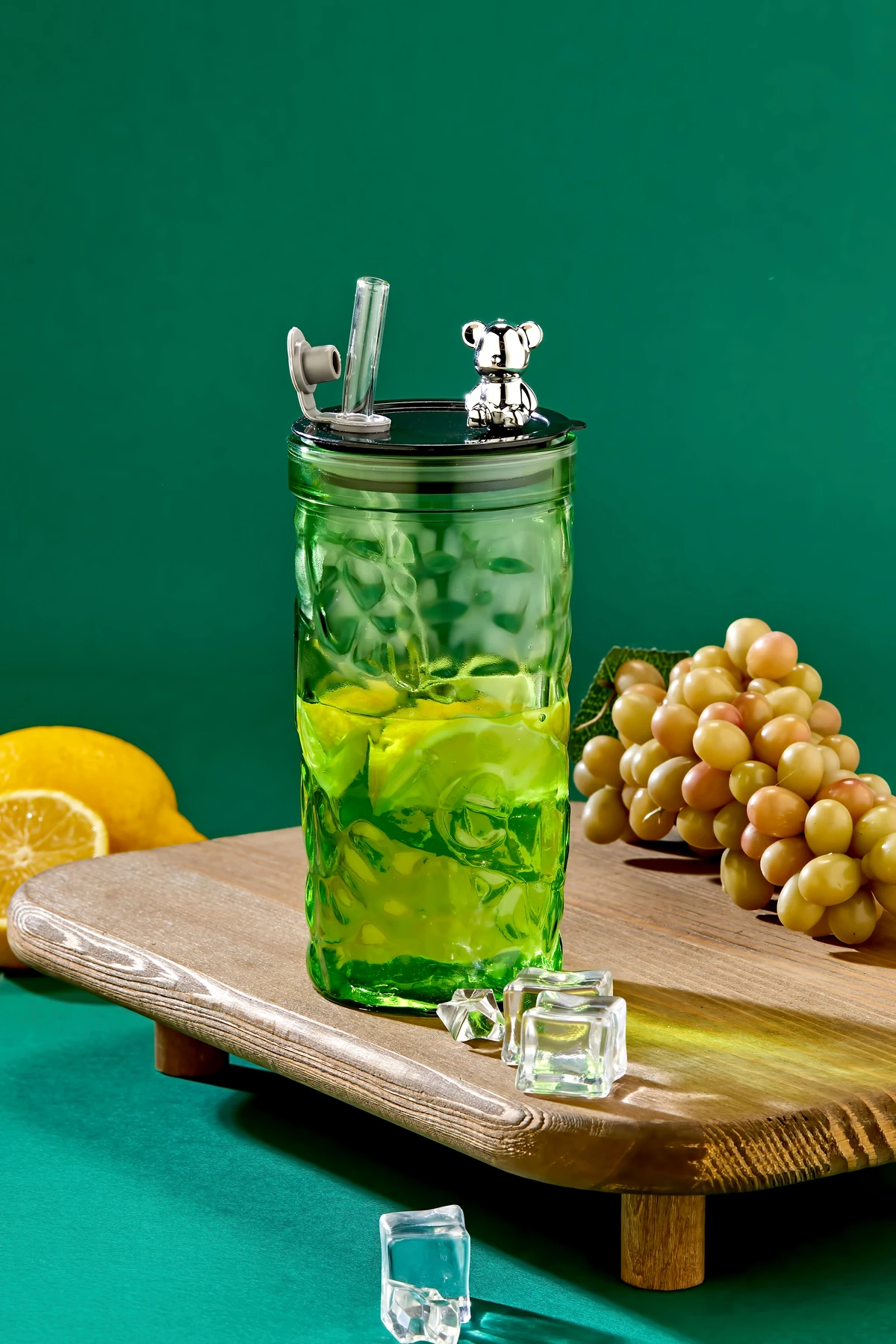 Ayıcık Figürlü - Meşrubat / Cam Bardak / 420 ml / Cam Pipet Hediyeli / Yeşil - Tekli