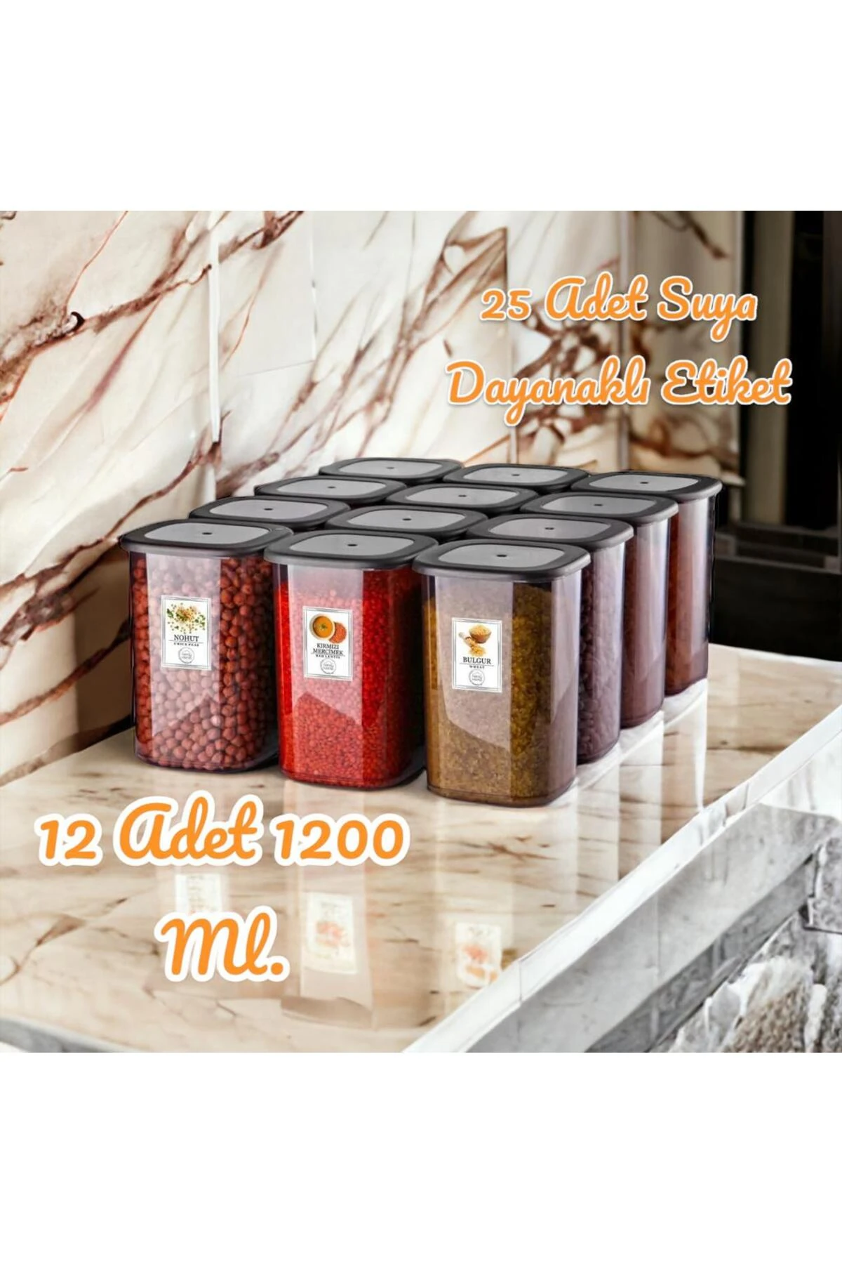 Etiketli 12 Adet 1200 Ml Antrasit Ekonomik Kırılmaz Saklama Kabı
