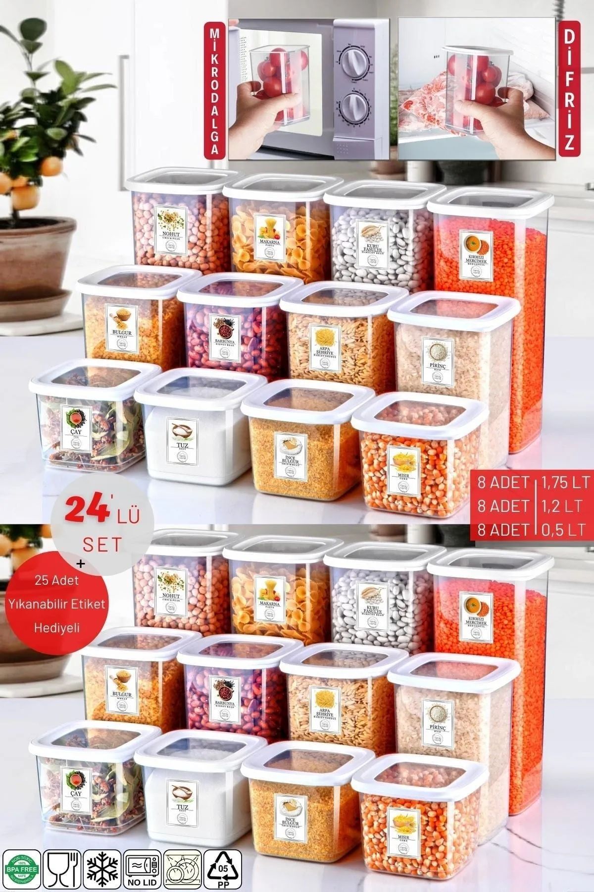 Etiketli 24'li Set Kare Erzak Saklama Kabı Beyaz