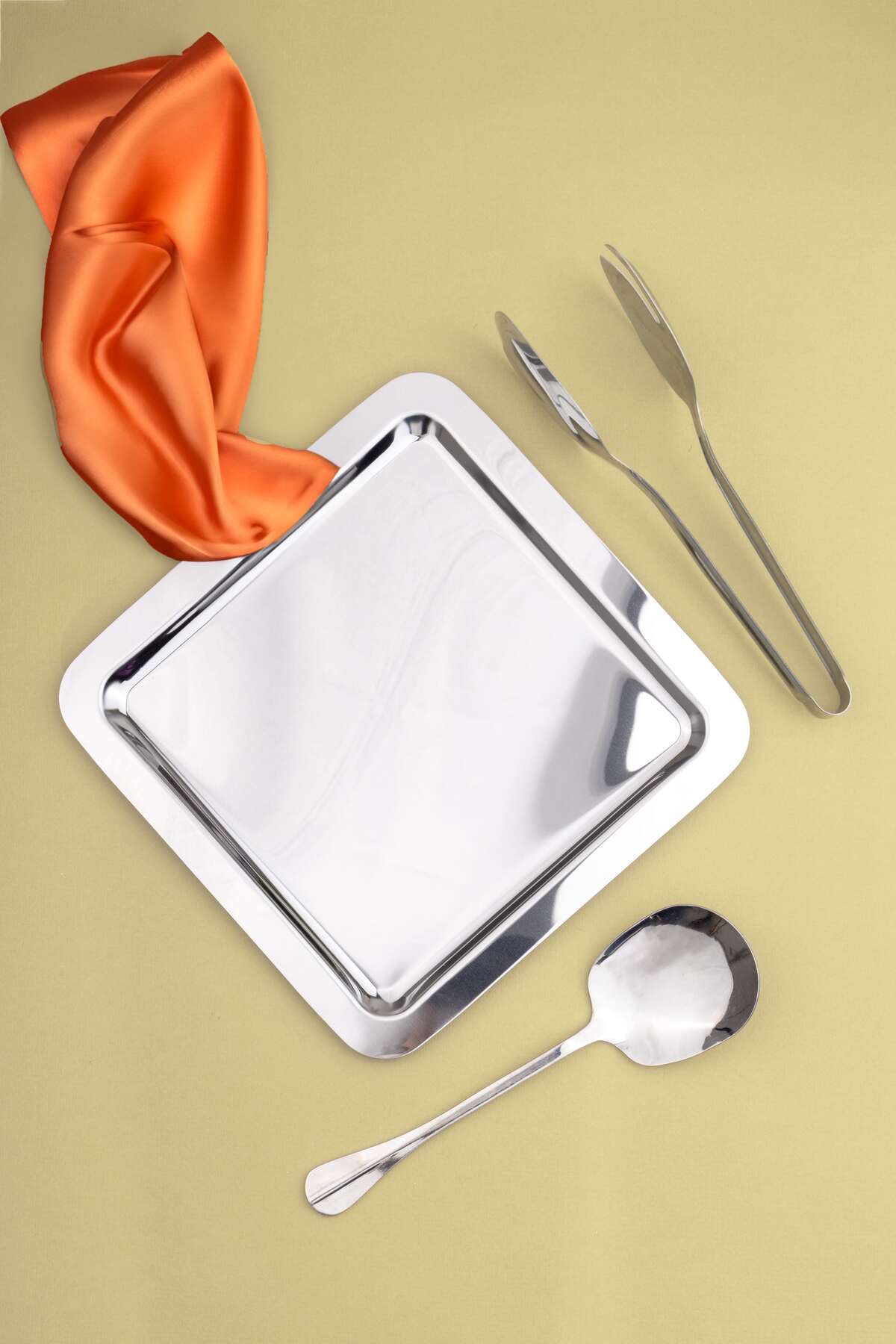 4'LÜ ÇELİK 22 CM KARE ÇAY,KAHVE,PASTA DEKORATİF SERVİS TEPSİSİ