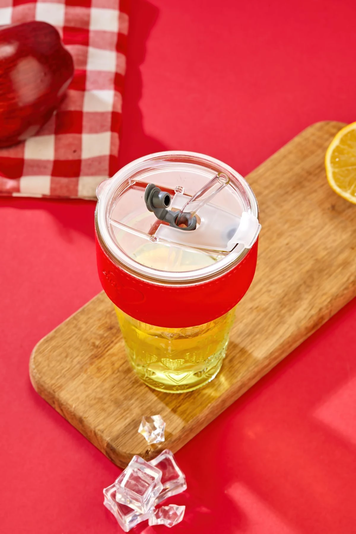 Cam Pipetli, Sızdırmaz Kapaklı -Kırmızı Şeritli Cam Bardak