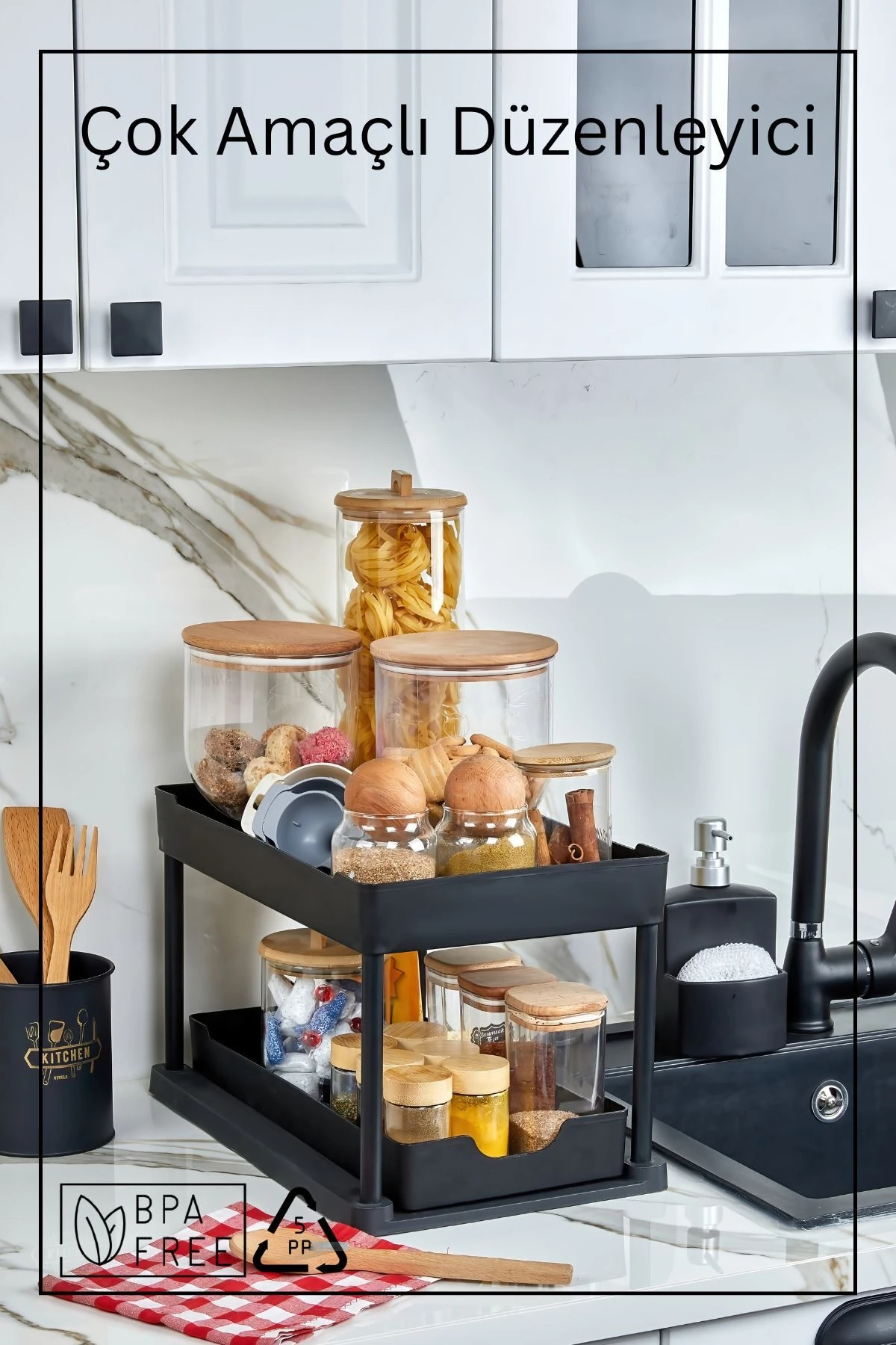 2 Katlı Çok Amaçlı Evye Altı Düzenleyici Siyah