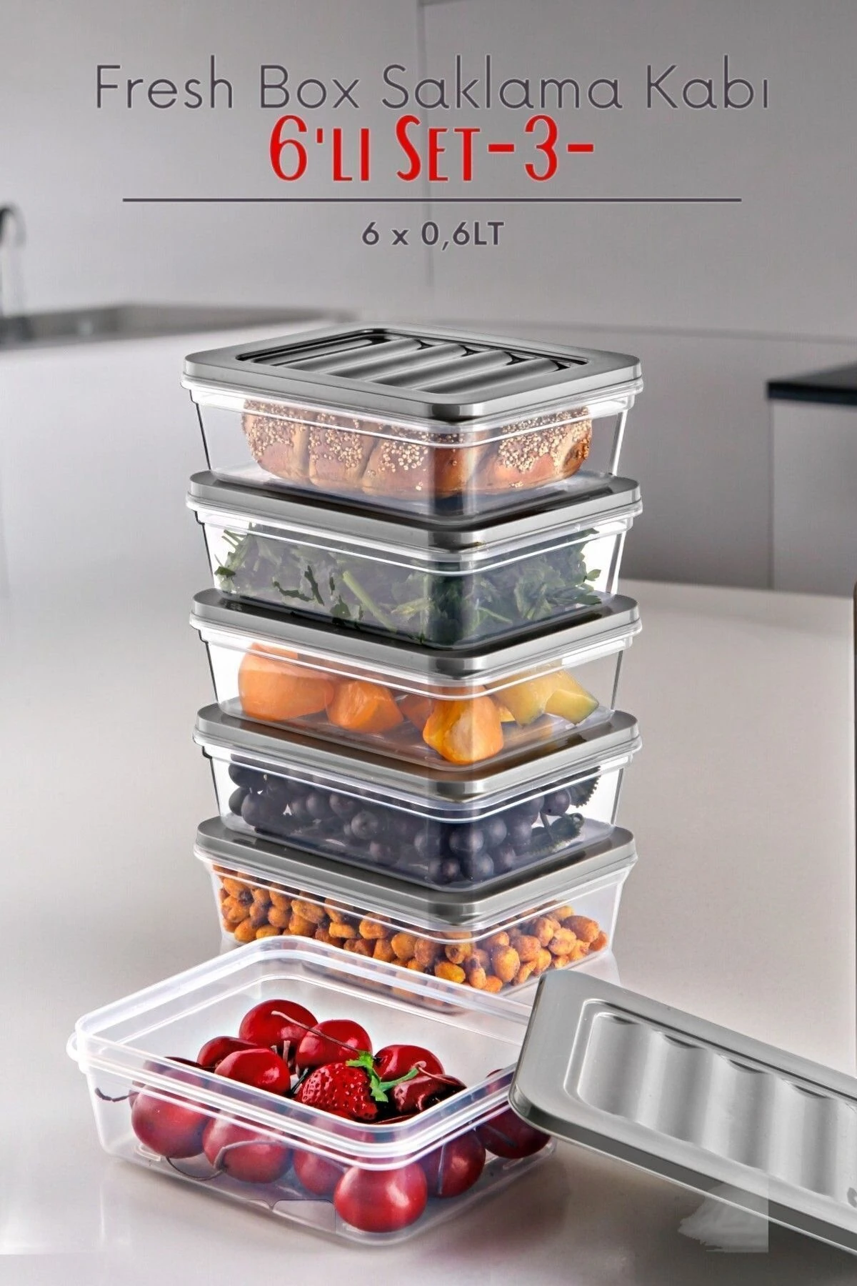 6'lı Set Freshbox Mikrodalga Ve Difrize Uygun Saklama Kabı Gri