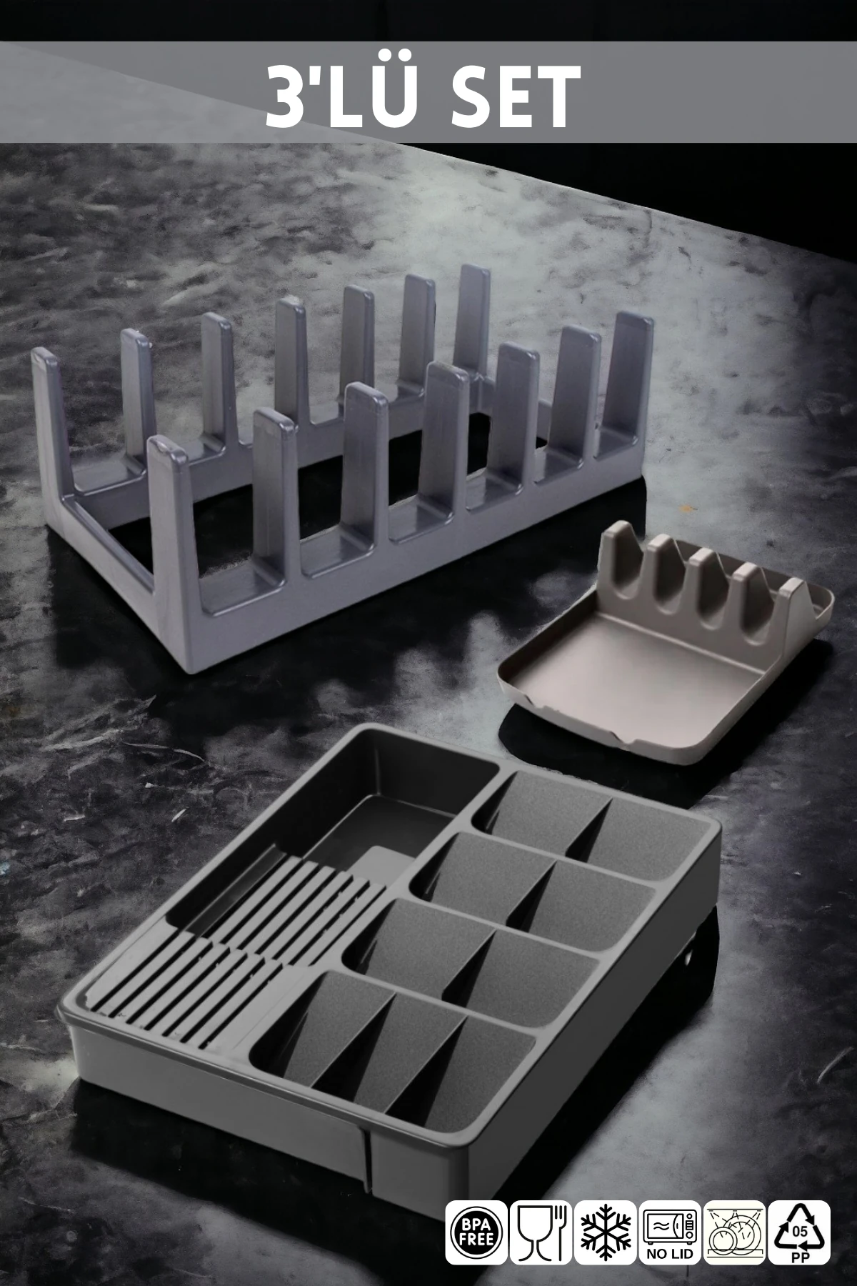 3'lü Mutfak Seti Antrasit Kaşıklık-Kaşık Tutma Aparatı-Tencere Kapak Düzenleyici