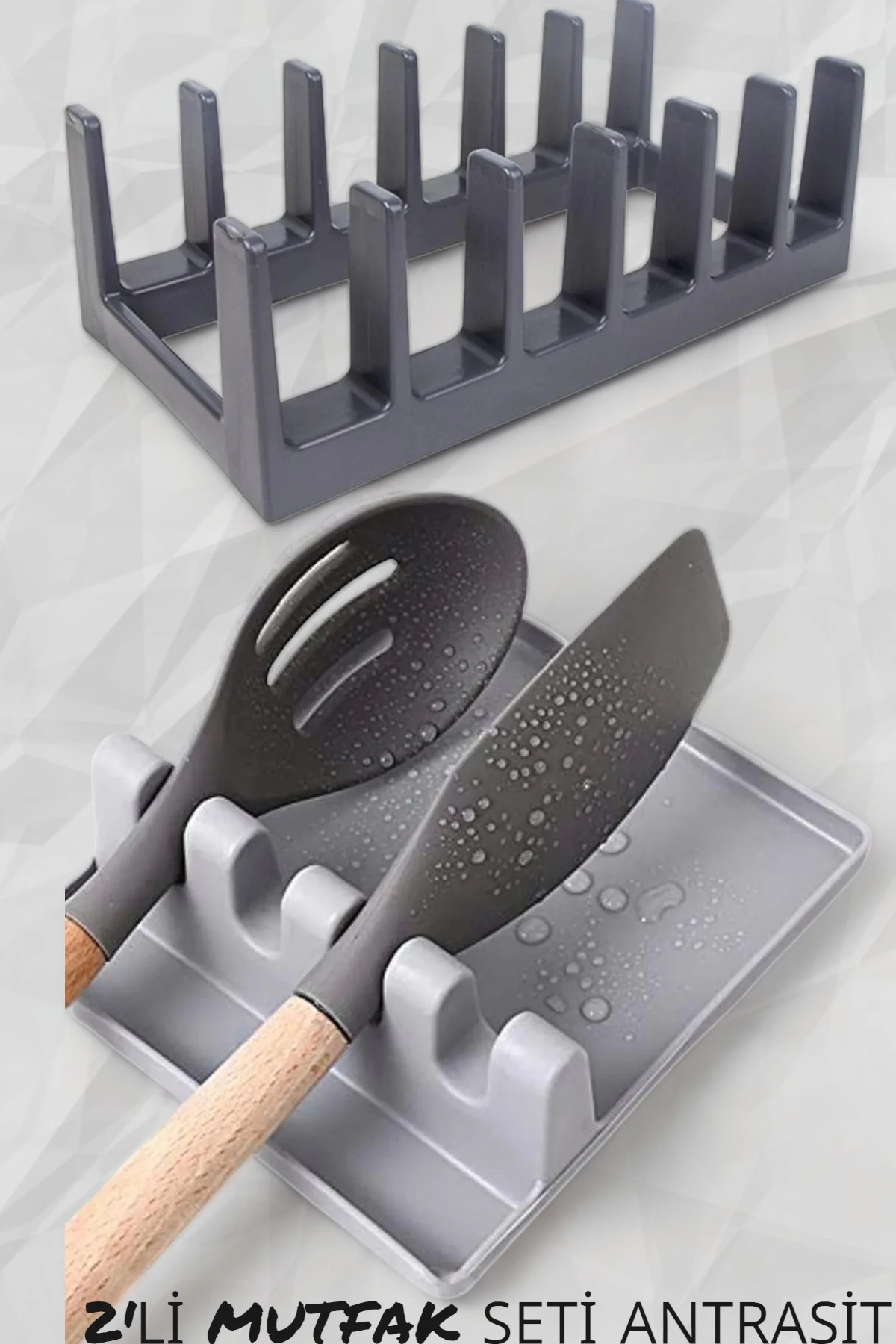 2'li Mutfak Seti Antrasit Tencere Kapak Düzenleyici Ve Kepçe Tutma Aparatı