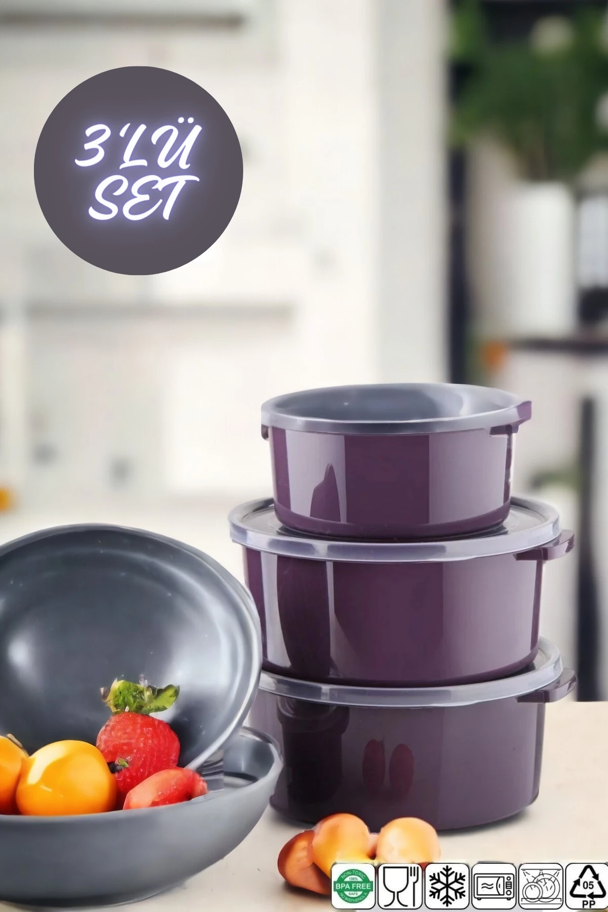 Mikrodalga Ve Difrizde Kullanılabilen Saklama Kabı Seti Yuvarlak 3'lü Mürdüm