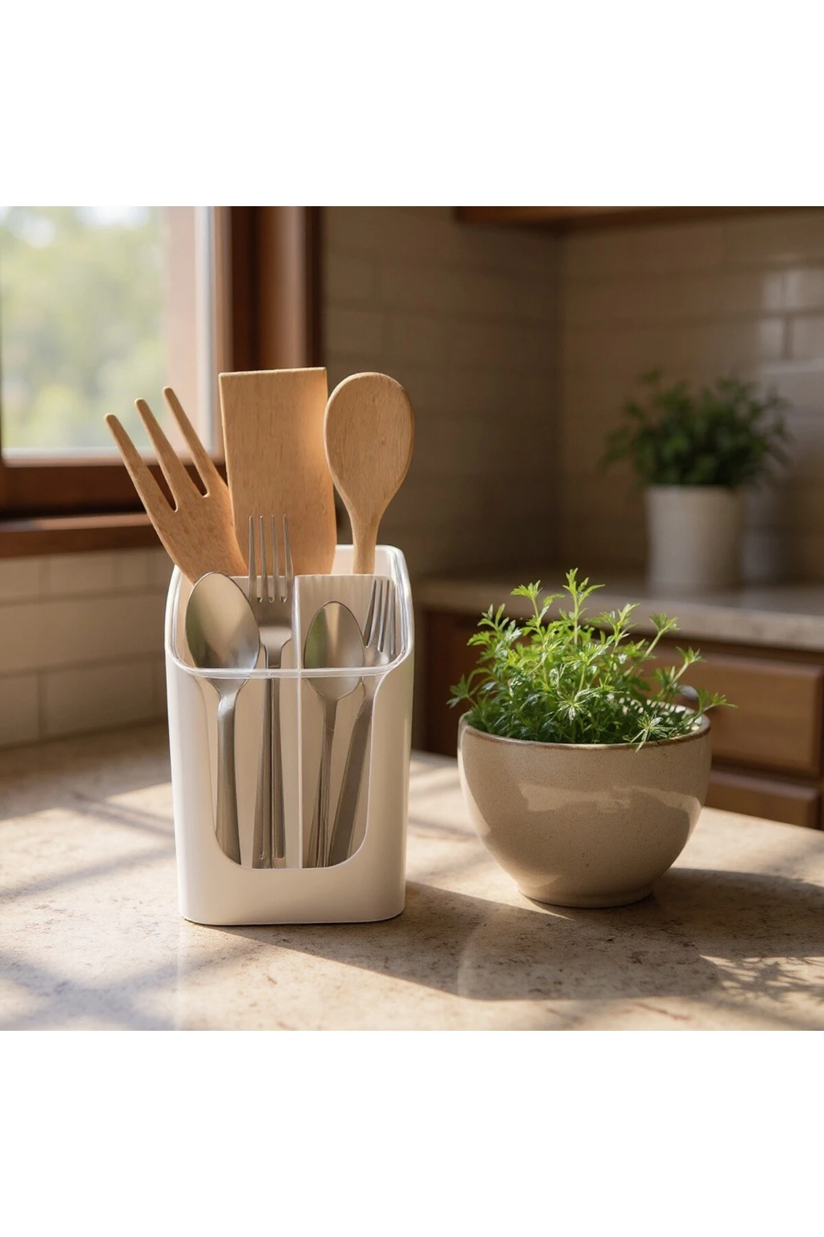 3 Bölmeli Tezgah Üstü Kaşıklık - Çıkarılabilir Bölmeli Kaşık Bıçak Standı Mutfak Organizer B