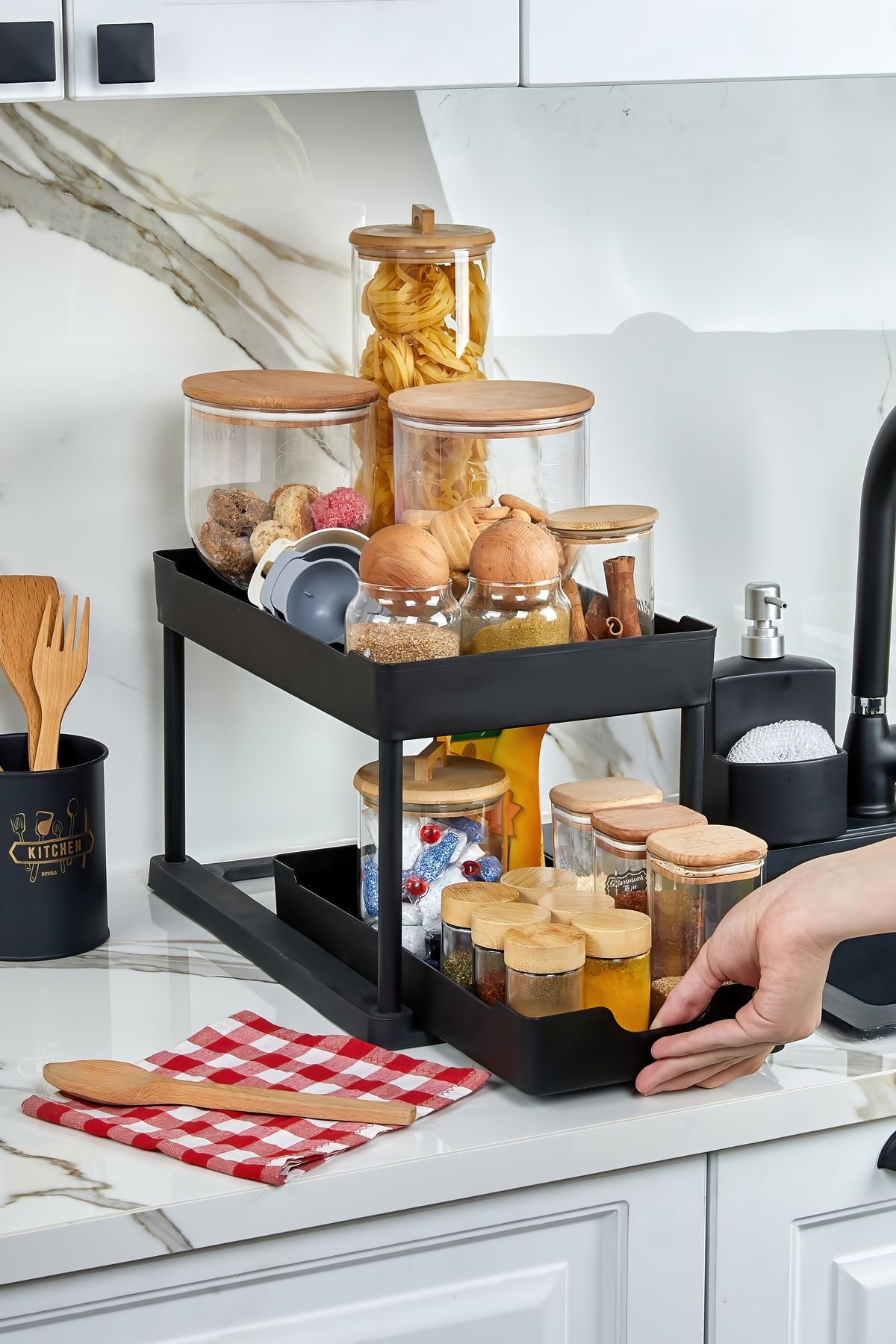 2 Katlı Çok Amaçlı Evye Altı Düzenleyici Siyah