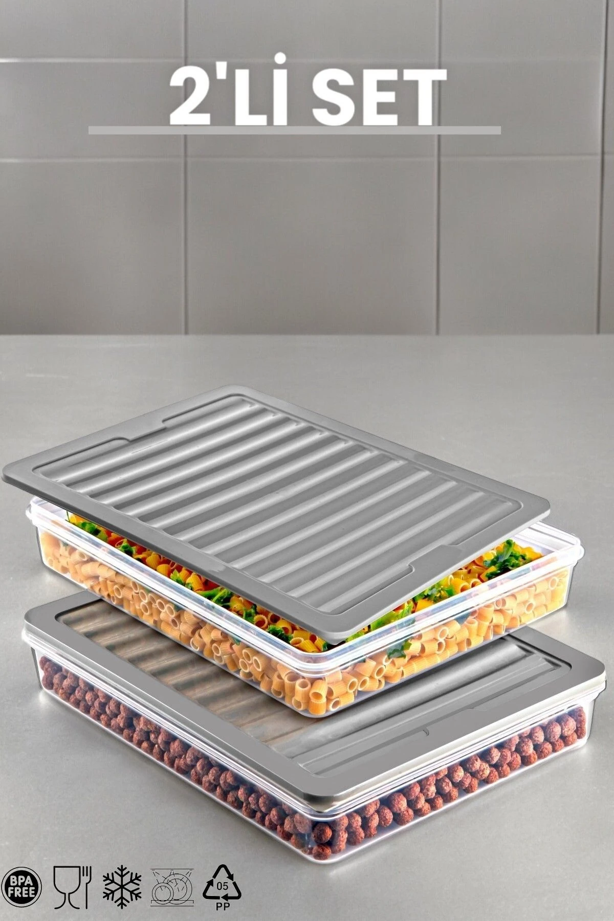 2'li Set Freshbox Mikrodalga Ve Difrize Uygun Saklama Kabı Gri
