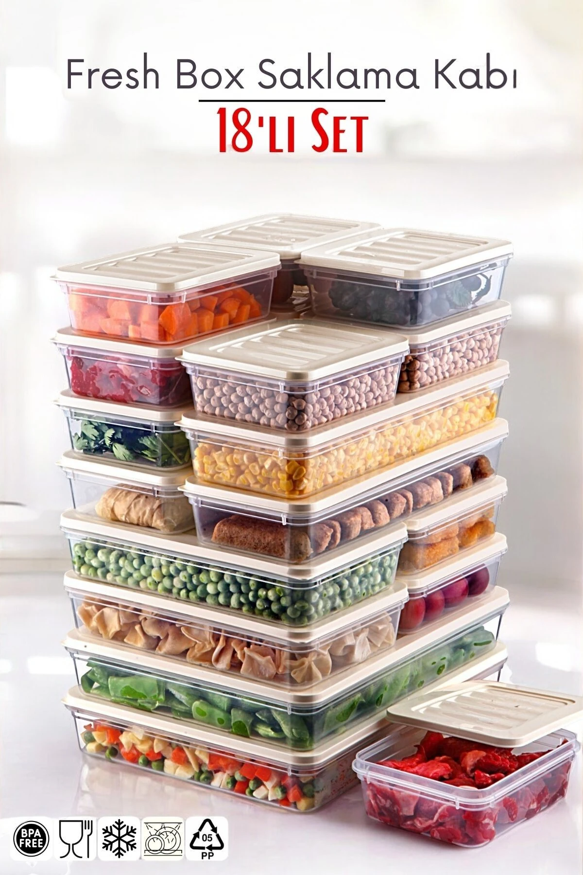 18'li Set Freshbox Mikrodalga Ve Difrize Uygun Saklama Kabı KREM