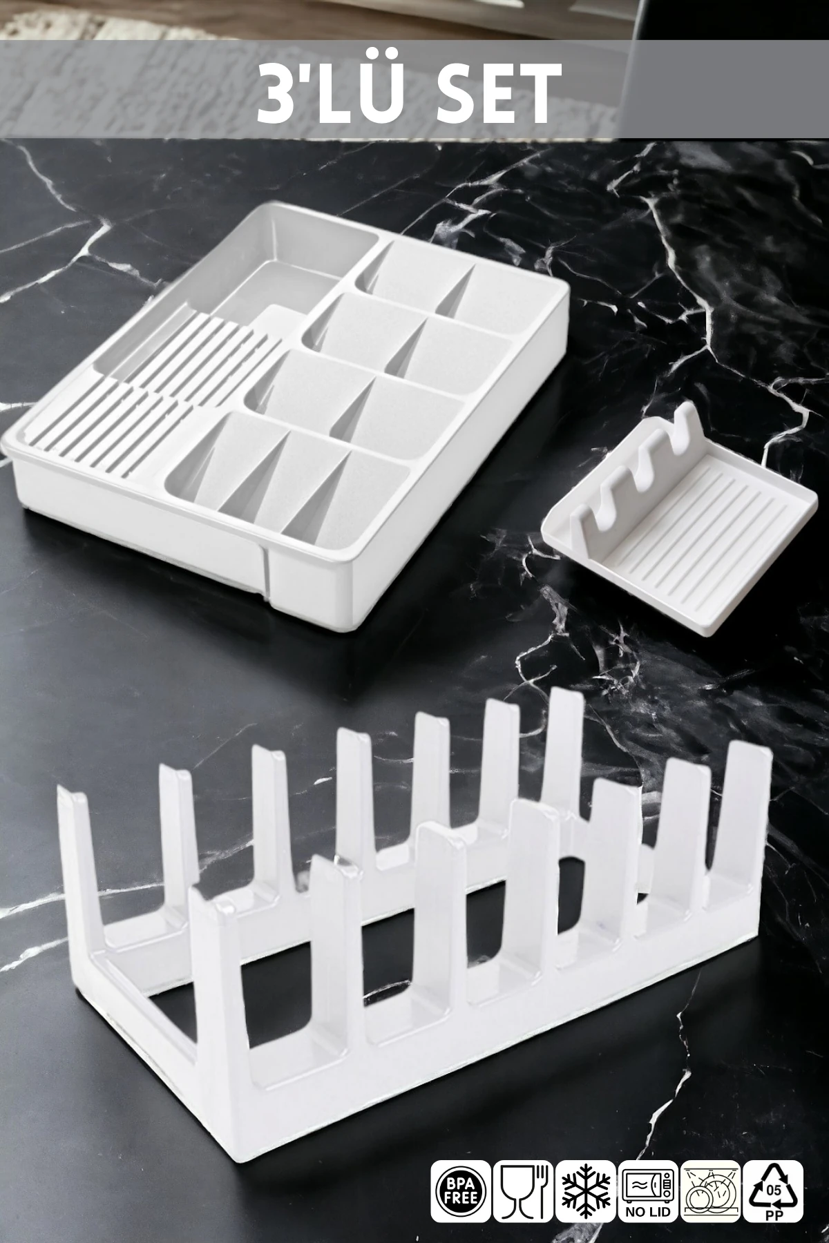 3'lü Mutfak Seti Beyaz Kaşıklık-Kaşık Tutma Aparatı-Tencere Kapak Düzenleyici