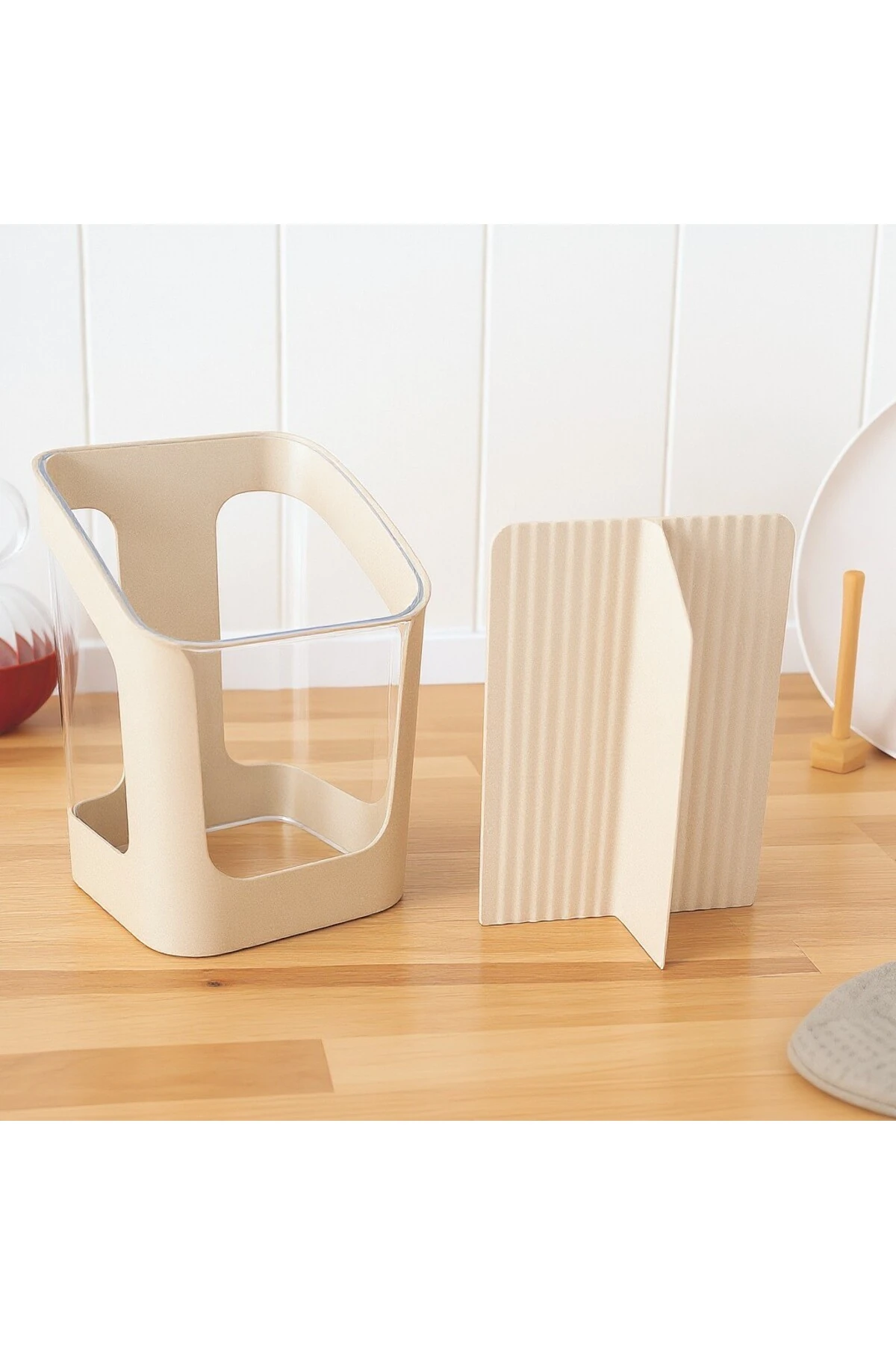 3 Bölmeli Tezgah Üstü Kaşıklık Bölmeli Kaşık Bıçak Standı Mutfak Organizer Bej