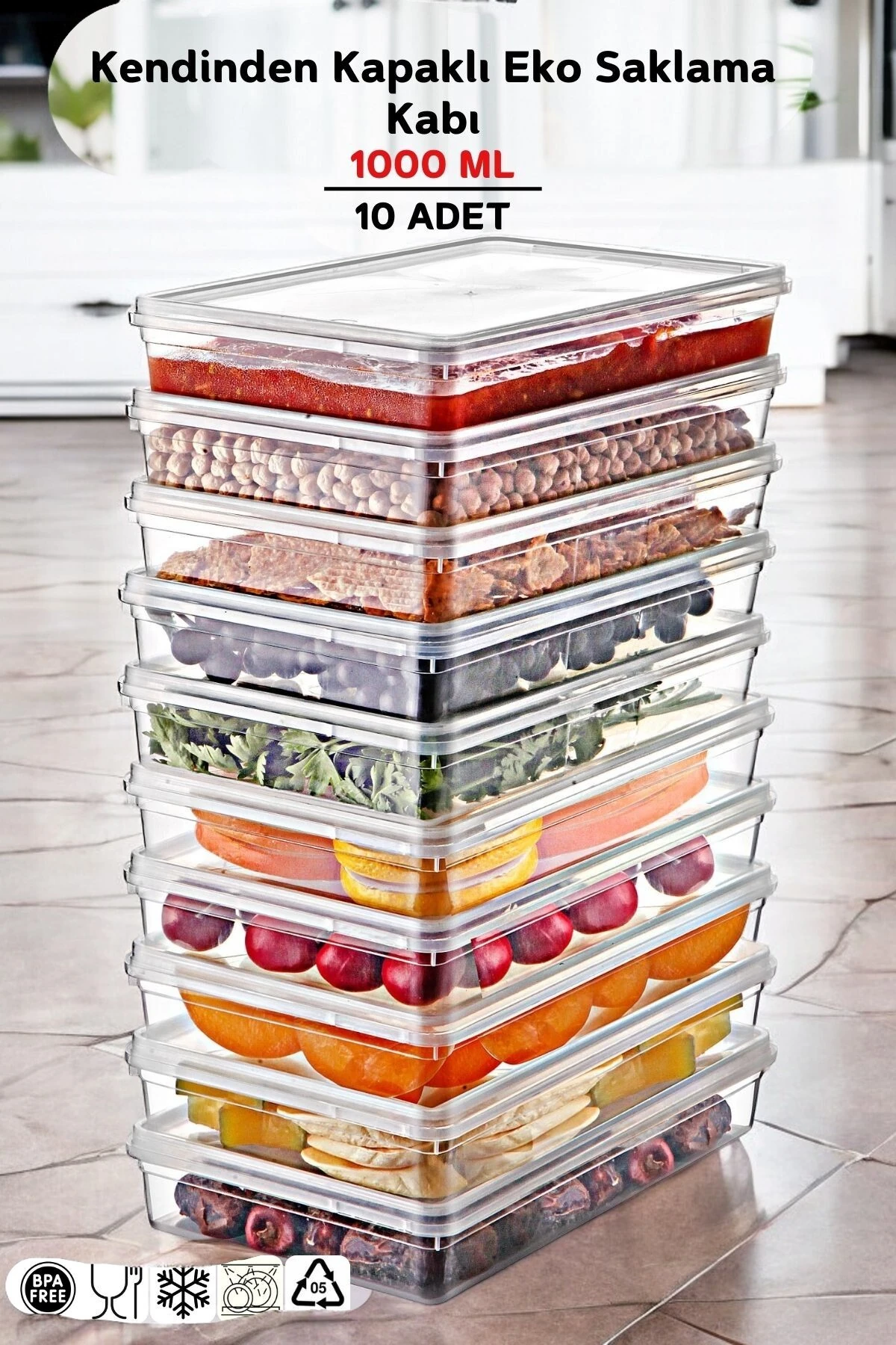 10 Adet Kendinden Kapaklı Derin Dondurucuya Uygun Saklama Kabı 1 Lt