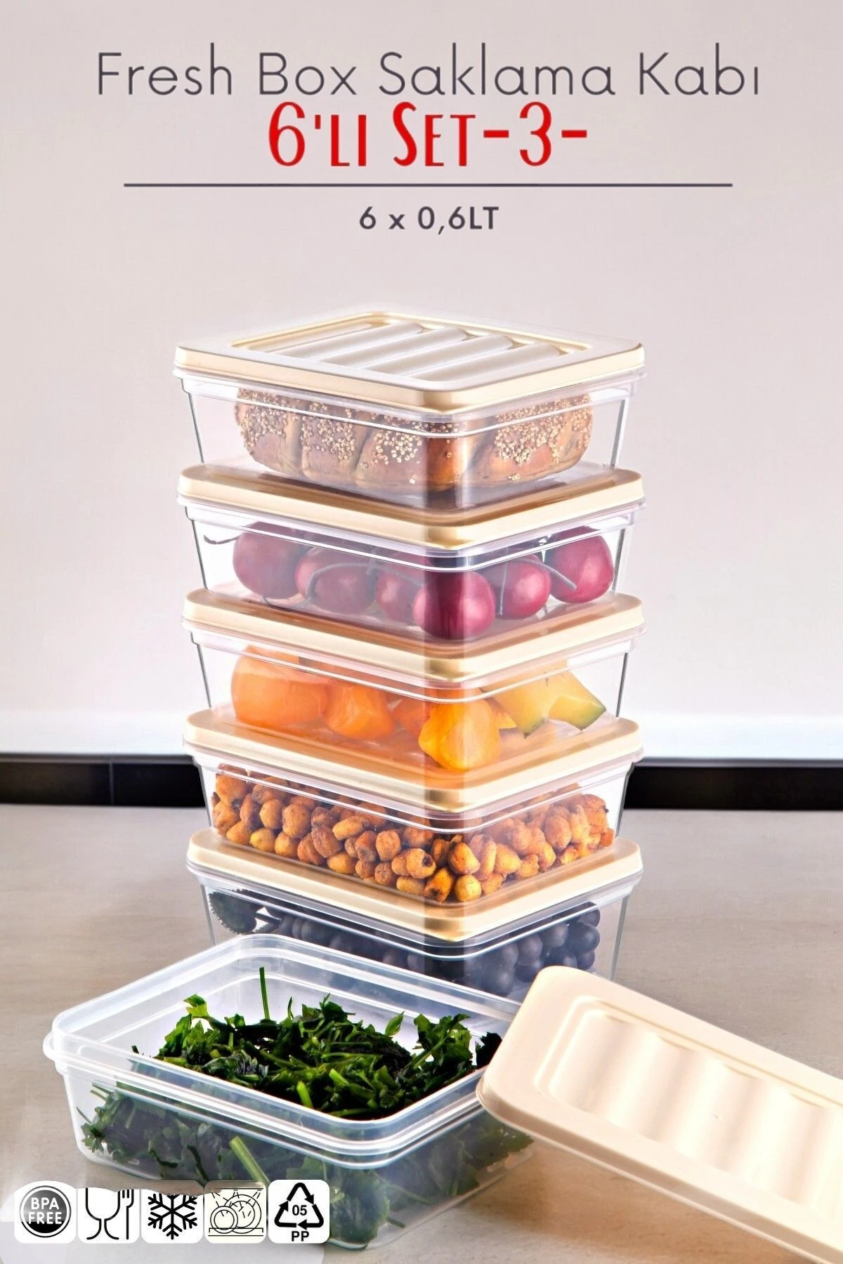 6'lı Set Freshbox Mikrodalga Ve Difrize Uygun Saklama Kabı Krem
