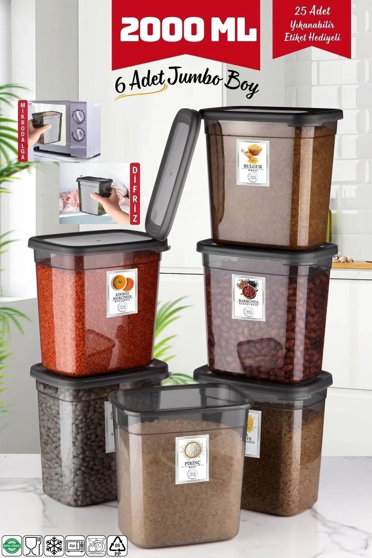 Ekonomik 6 Adet Jumbo Boy Dikdörtgen Saklama Kabı 2000 Ml Antrasit