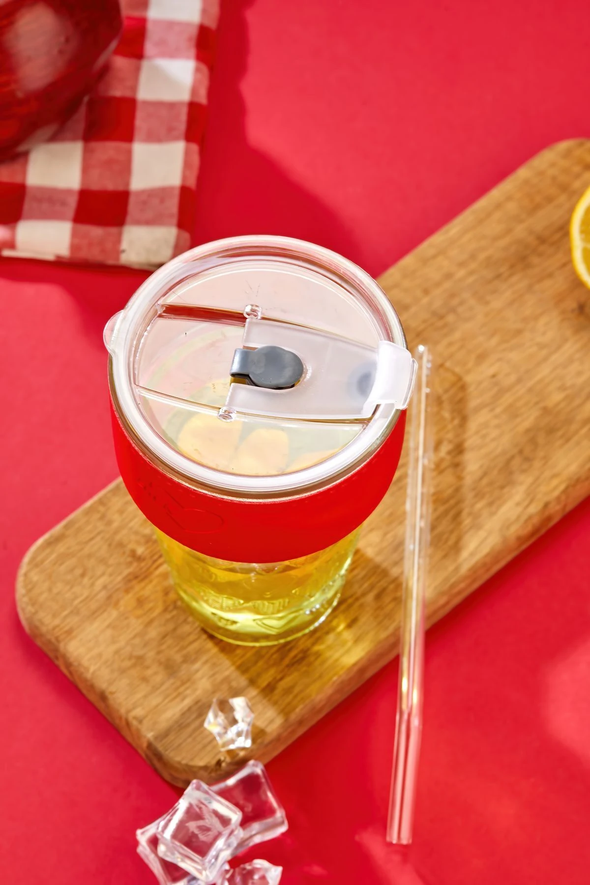 Cam Pipetli, Sızdırmaz Kapaklı -Kırmızı Şeritli Cam Bardak