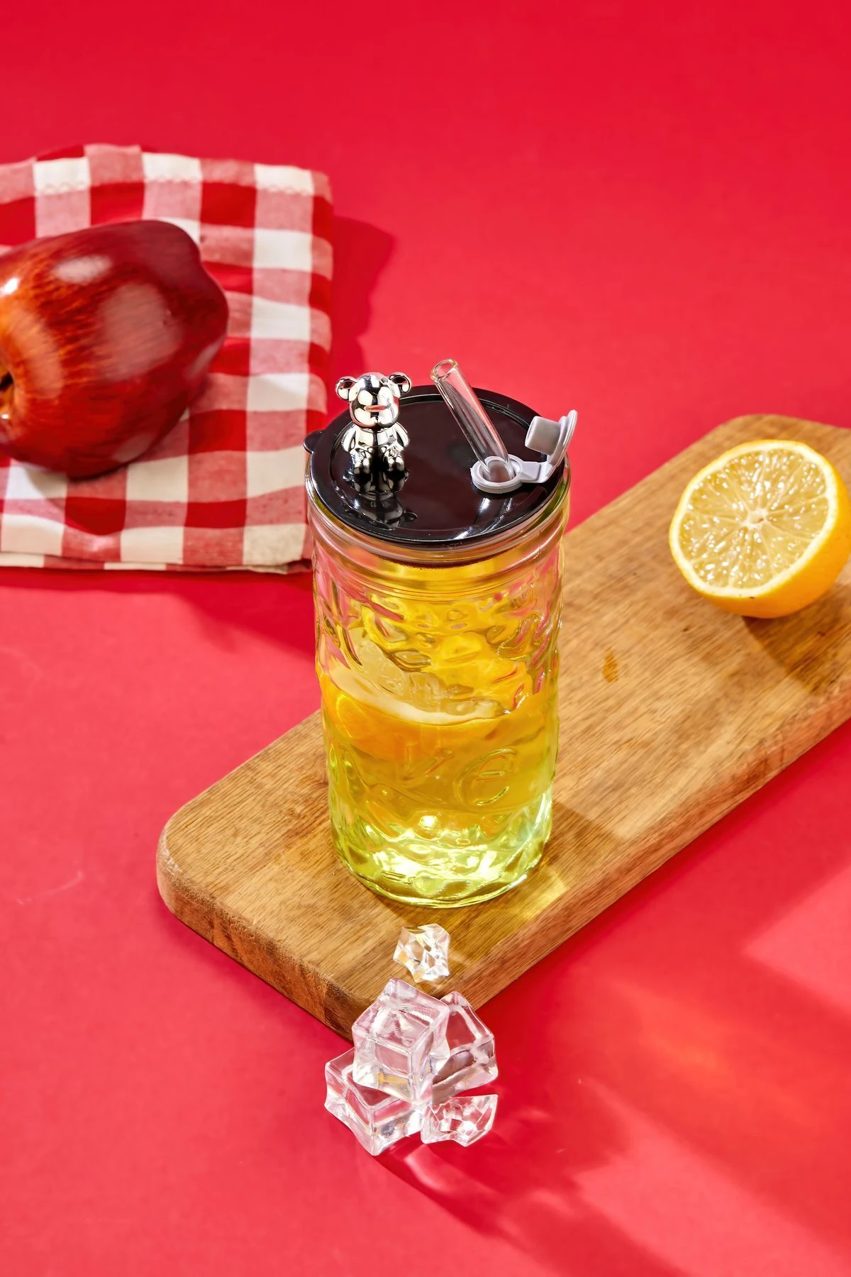 Ayıcık Figürlü Cam Pipetli Meşrubat Bardağı Şeffaf 420 ML