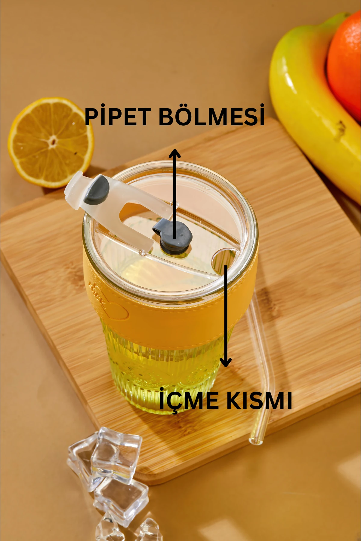 Premium Cam Bardak – Şerit Detaylı, Sızdırmaz Kapaklı / Cam Pipet Hediyeli / Sarı Şeritli