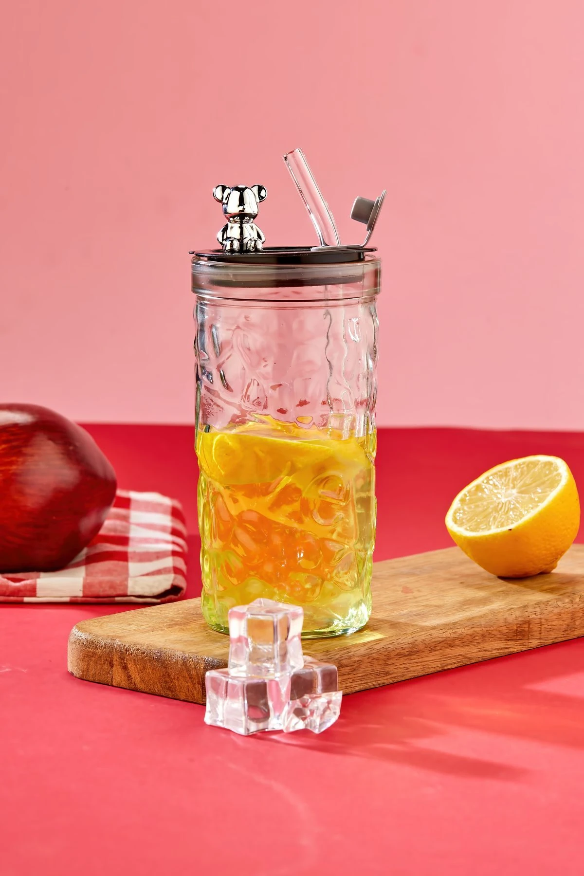 Ayıcık Figürlü Cam Pipetli Meşrubat Bardağı Şeffaf 420 ML