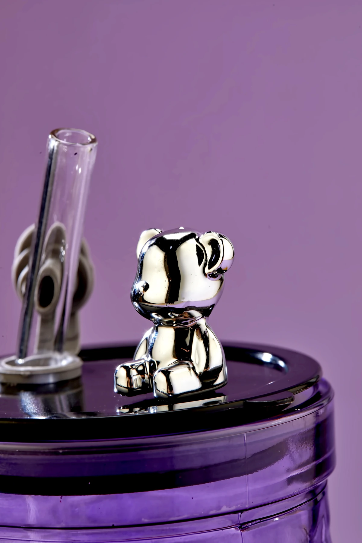 Ayıcık Figürlü - Meşrubat / Cam Bardak / 420 ml / Cam Pipet Hediyeli / Mor - Tekli