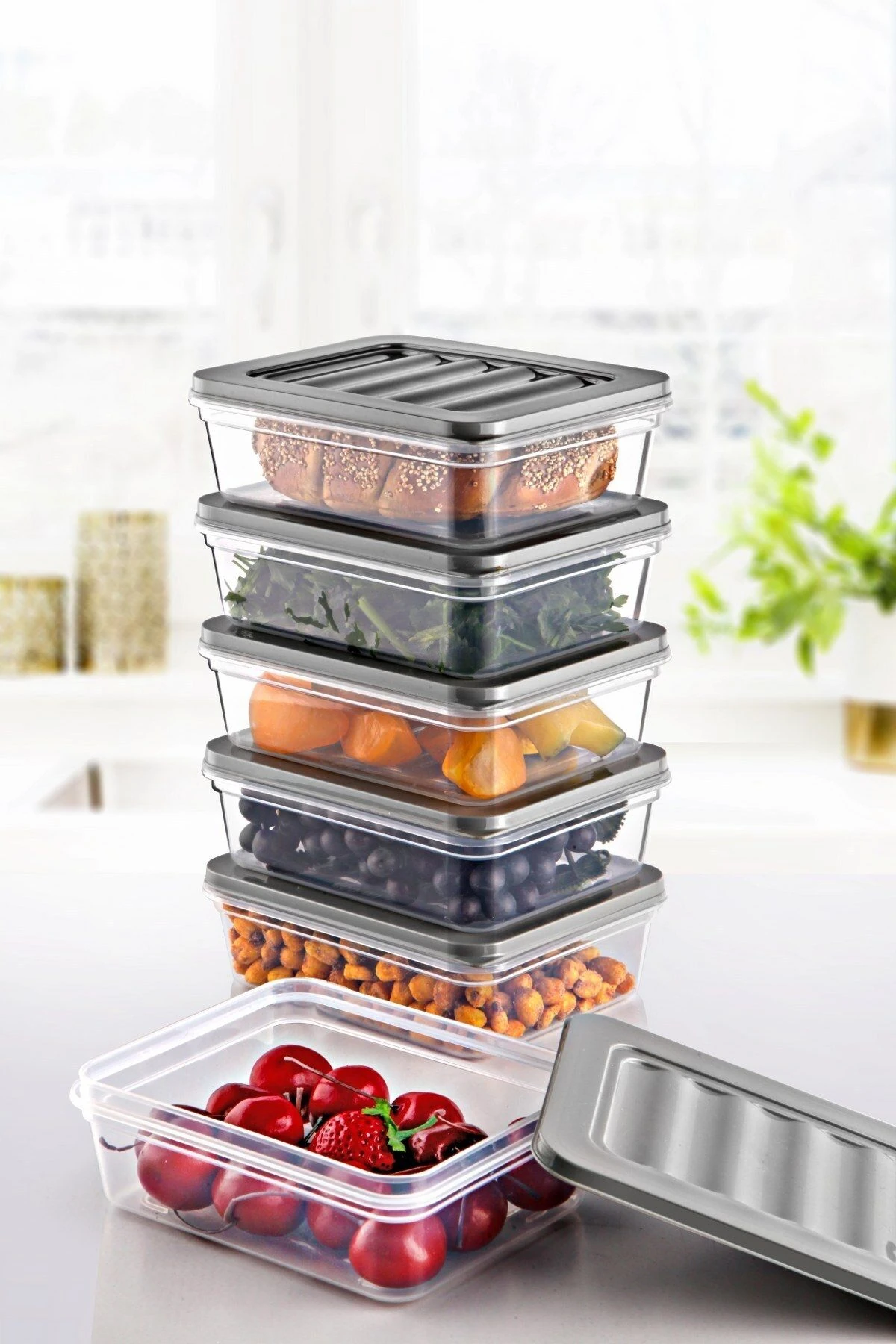 6'lı Set Freshbox Mikrodalga Ve Difrize Uygun Saklama Kabı Gri