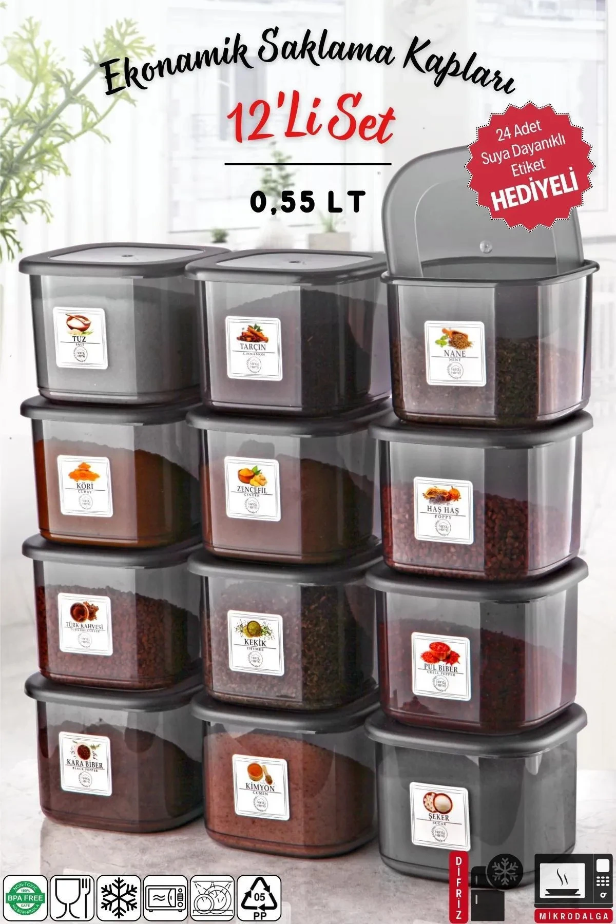 Etiketli 12 Adet 550 Ml Antrasit Ekonomik Kırılmaz Saklama Kabı