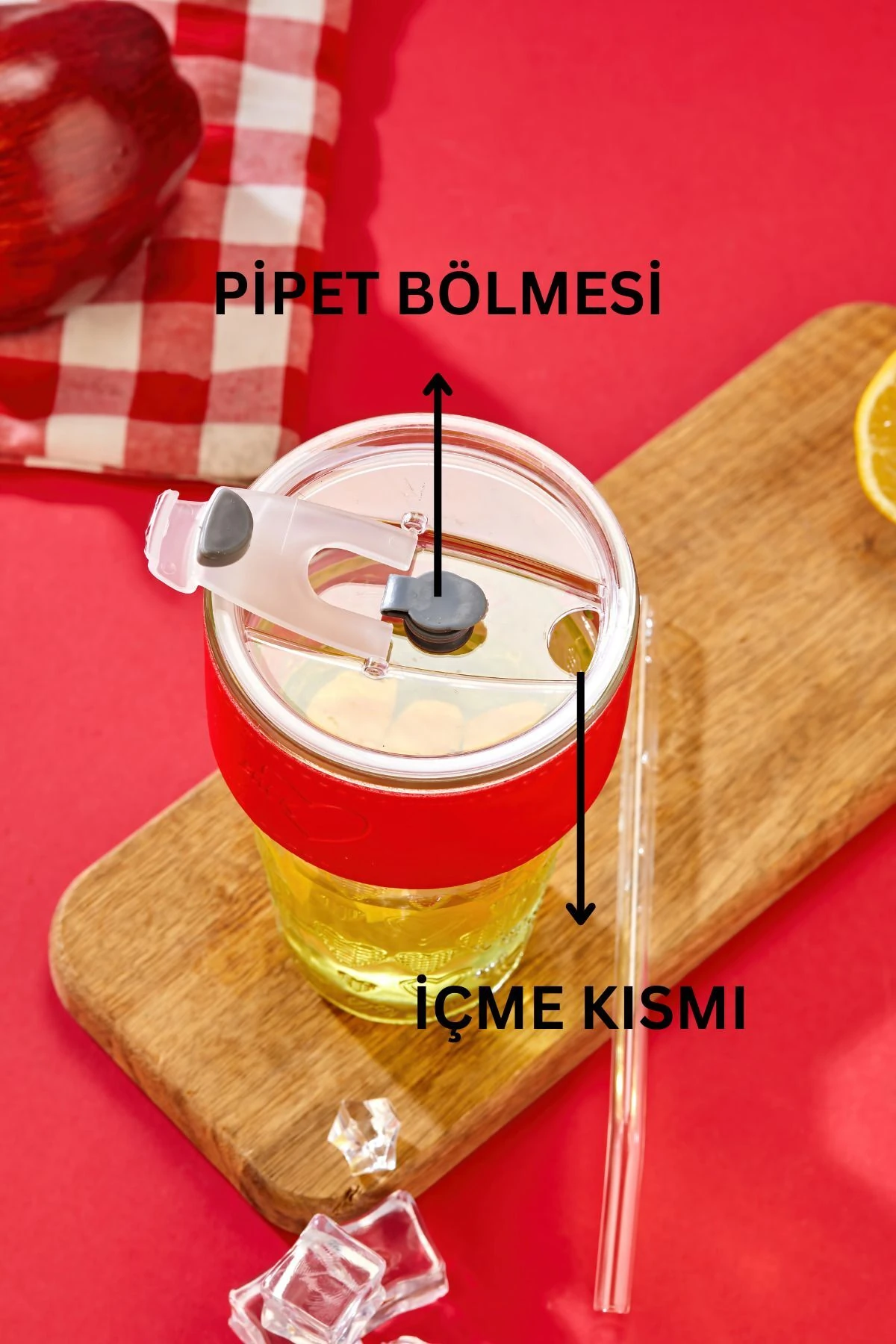 Cam Pipetli, Sızdırmaz Kapaklı -Kırmızı Şeritli Cam Bardak